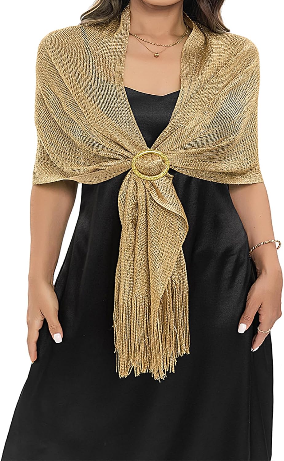 EIFABF Shawl Set for Evening Dresses, Gold Shawl with 6.7in Tassels, 100 Polyester Fiber