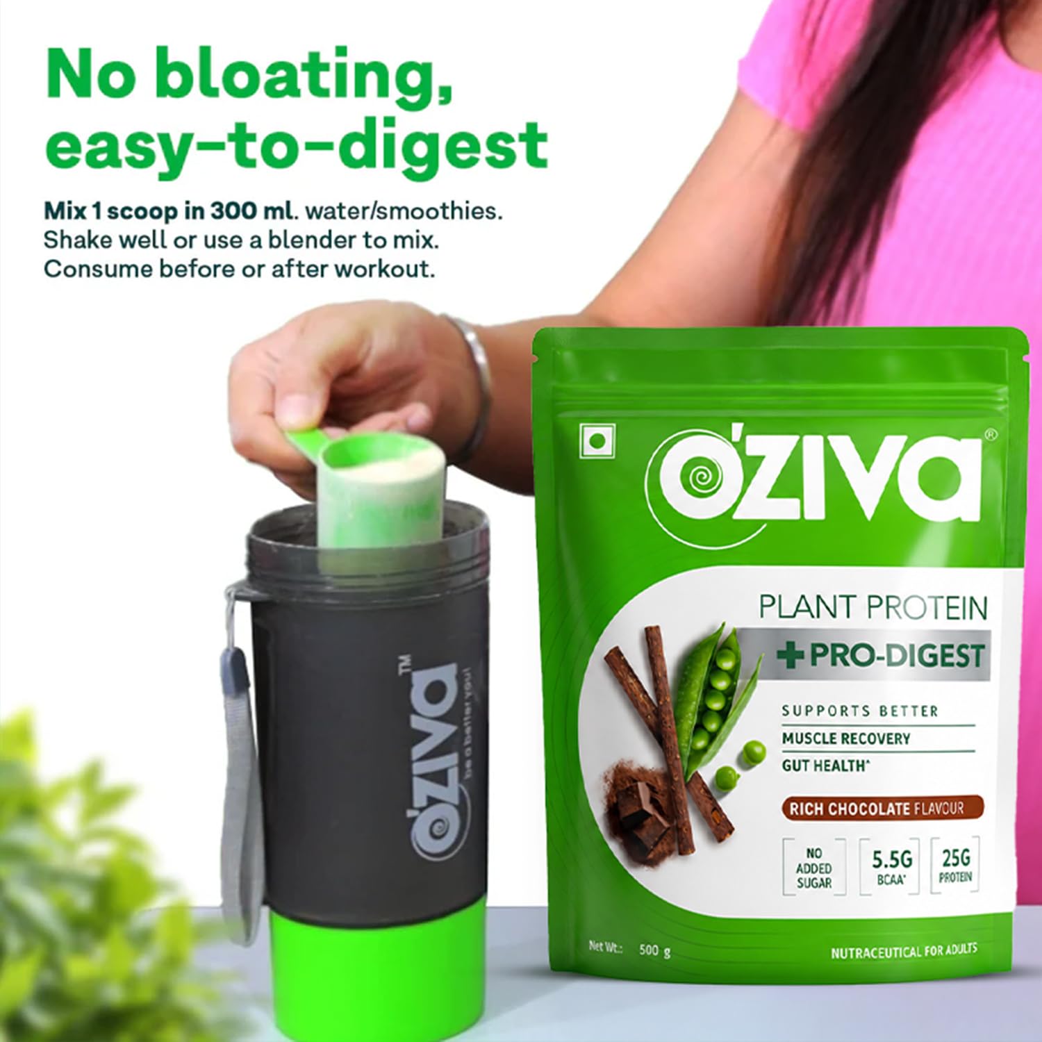 OZiva Bioactive Plant Protein Powder, 5.5g BCAA, Vegan, Chocolate, 500g — Amazon image 5