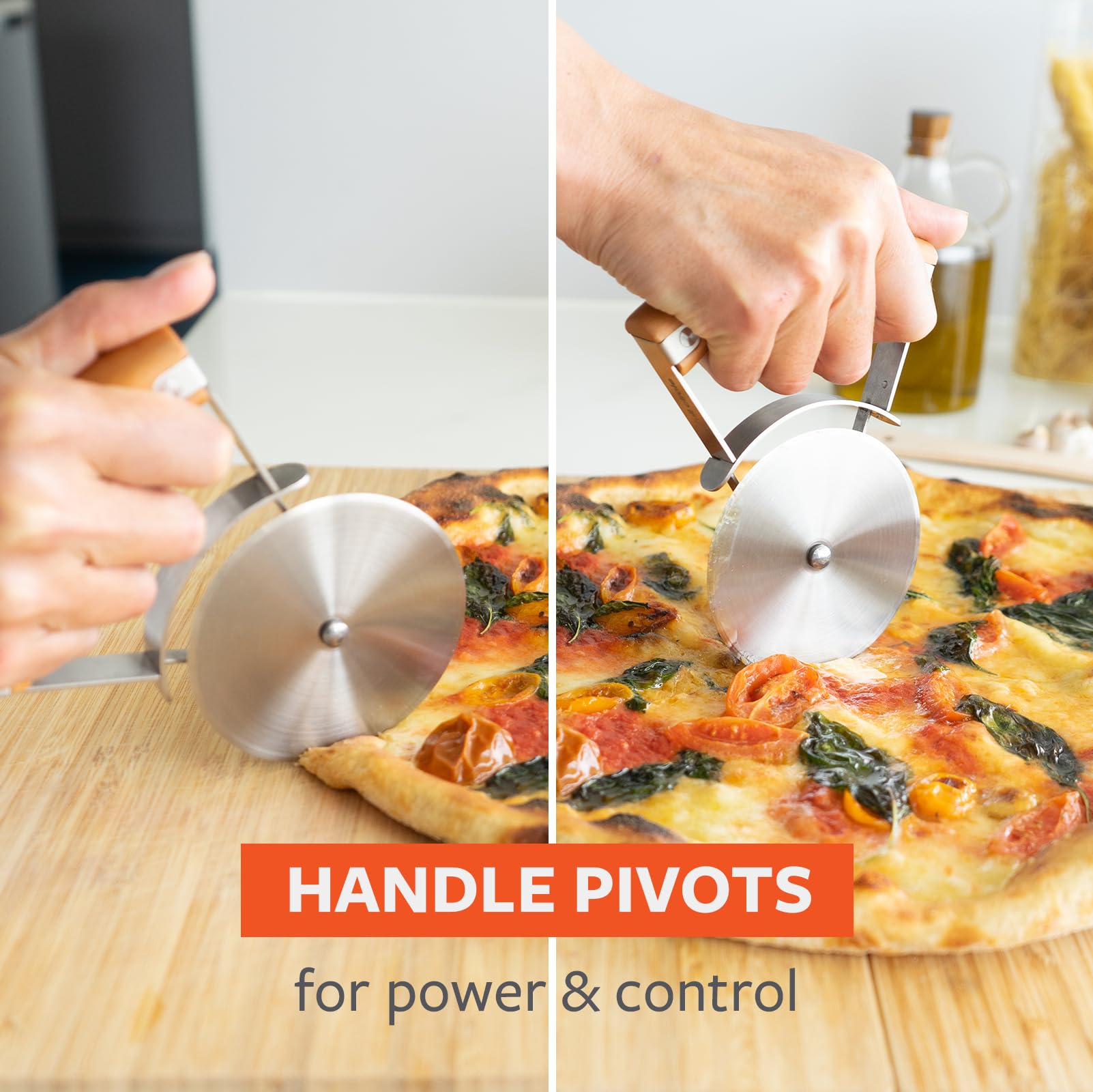 Full Circle Slice, Stainless Steel Precision Pizza Wheel with Safety Cover: Effortless Slicing, Innovative, Eco-Friendly. Dishwahser Safe.