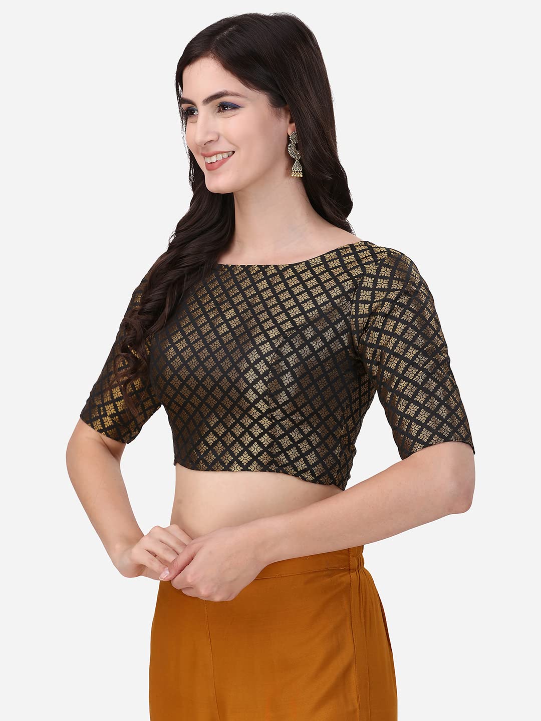Oomph Women's Indian Ethnic Wear Designer Square Leaf Pattern Boat Neck Half Sleeve Brocade Black Blouse For Saree Or Lehnga And Blousepalazzos Or Skirts For A Fusion Twist.