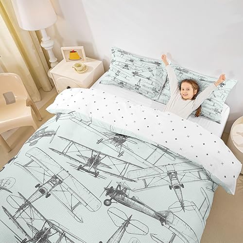 Miniatura 5 de Feelyou Juego de ropa de cama de avión tamaño King para niños, adolescentes, funda de edredón de cuadrícula a cuadros de vuelo para niños,