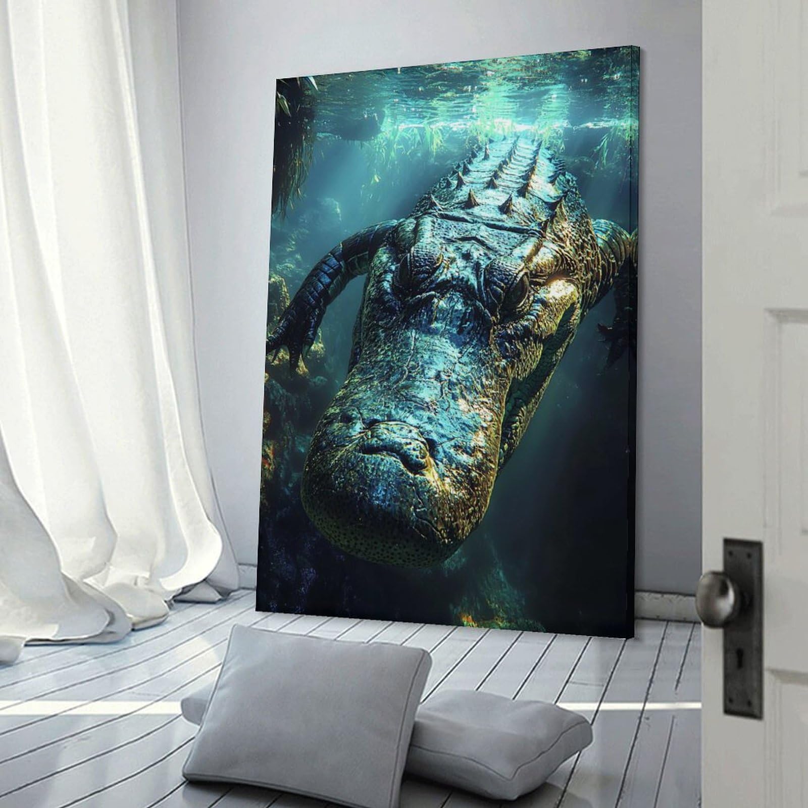 Underwater Alligator Close-up Decorative Wall Artwork, 20x30inch(50x75cm), for Home Lounge, Bedroom Or Reading Nook, Easy Decor for Gallery Walls