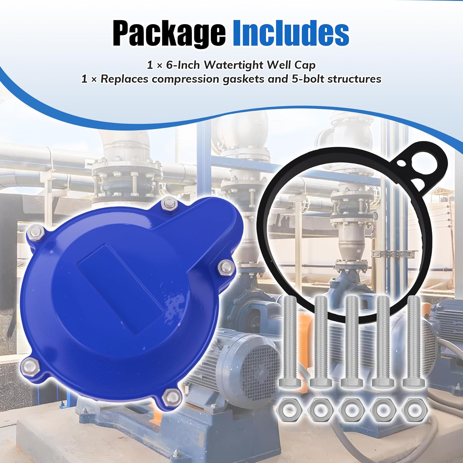 3/8" Vent 6-Inch Watertight Well Cap, Sanitary Pitless Adapter Cover, Heavy Duty Cast Iron, Blue