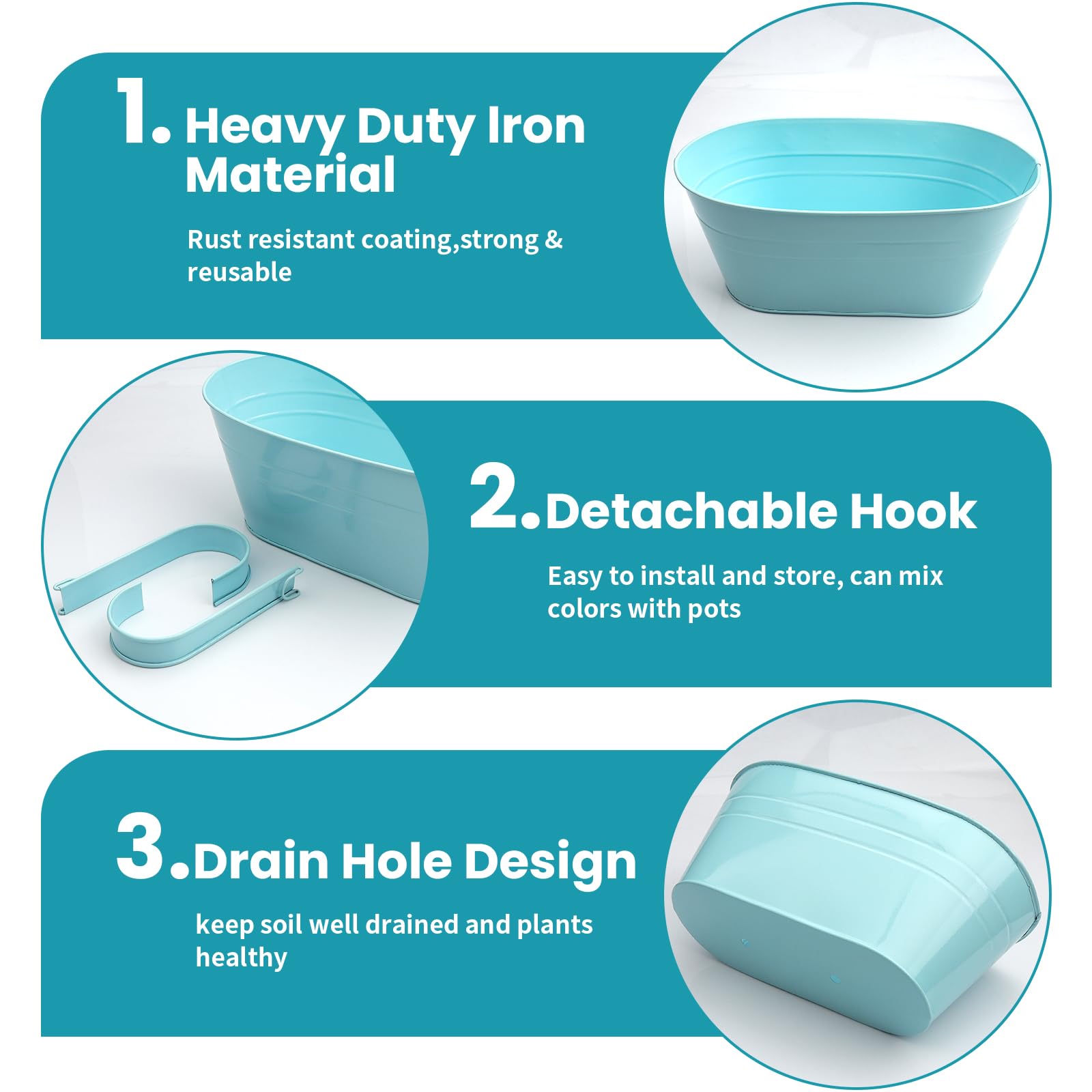 Roellgs 3Pcs Metal Hanging Flower Pots, 28.5cm Large Plant Pots Hanging Flower Bucket with Detachable Hook for Balcony Fence Garden Home Decor (3, sky blue) - Image 4