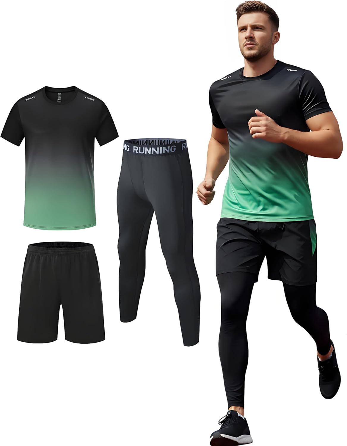 Simbora Men's 3-Piece Workout Set, Quick Dry Athletic T-Shirt Running Shorts Compression Leggings Gym Training Sports Outfit