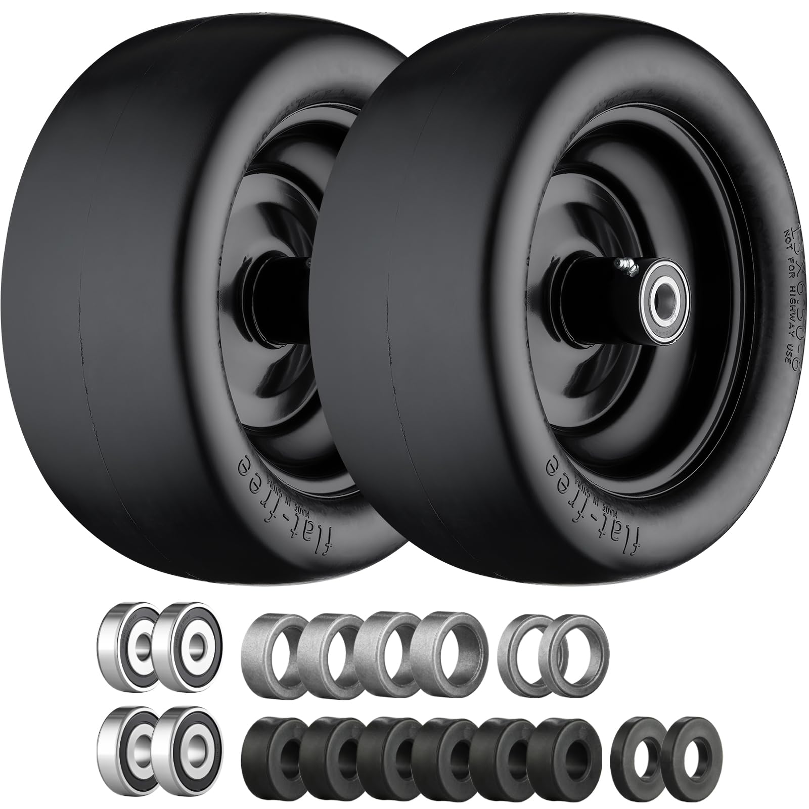 13x6.50-6 lawn mower tires, 13x6.50-6 flat free zero turn front tires with 3/4", 5/8" and 1/2" bearings, 5.6"- 8.7" centered hub, compatible with lawn mower garden tractor black- 2pack