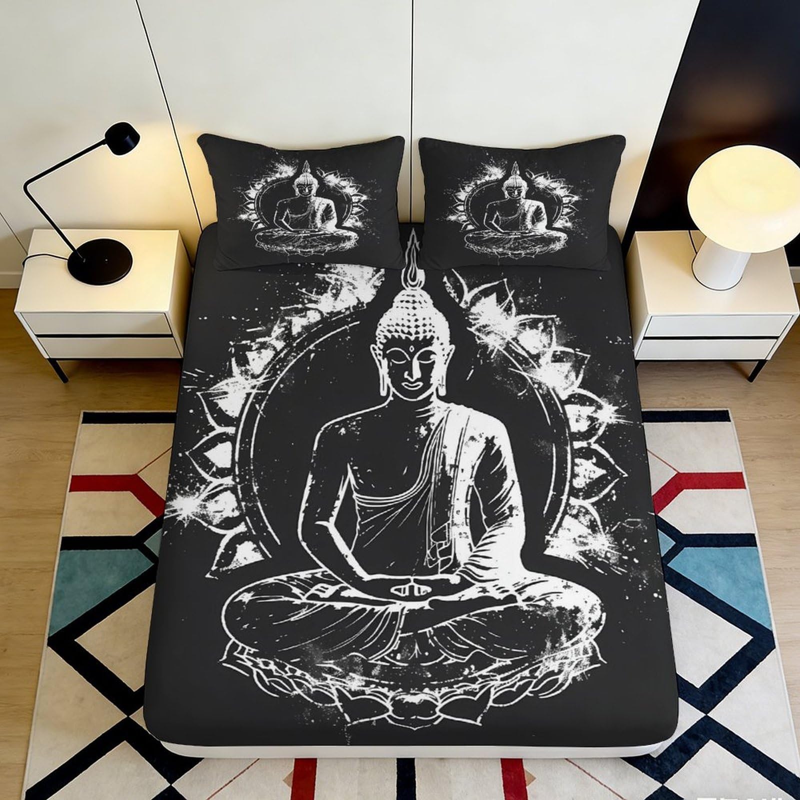 3D Printed Buddha Meditation Fitted Sheet Microfiber Soft Black White Lotus Bed Cover for Bedroom Guest Room Decor 90x200x25cm