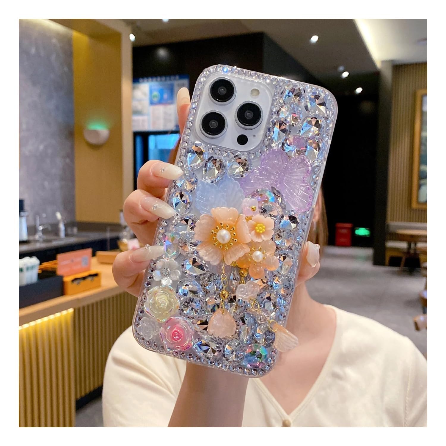 SPARKUP 3D Orange Sheal Flower iPhone Case with Stunning Stones Pearl Design - Soft Silicone Protective Back Cover Cute Aesthetic Floral Case for Women & Girls (iPhone 15)