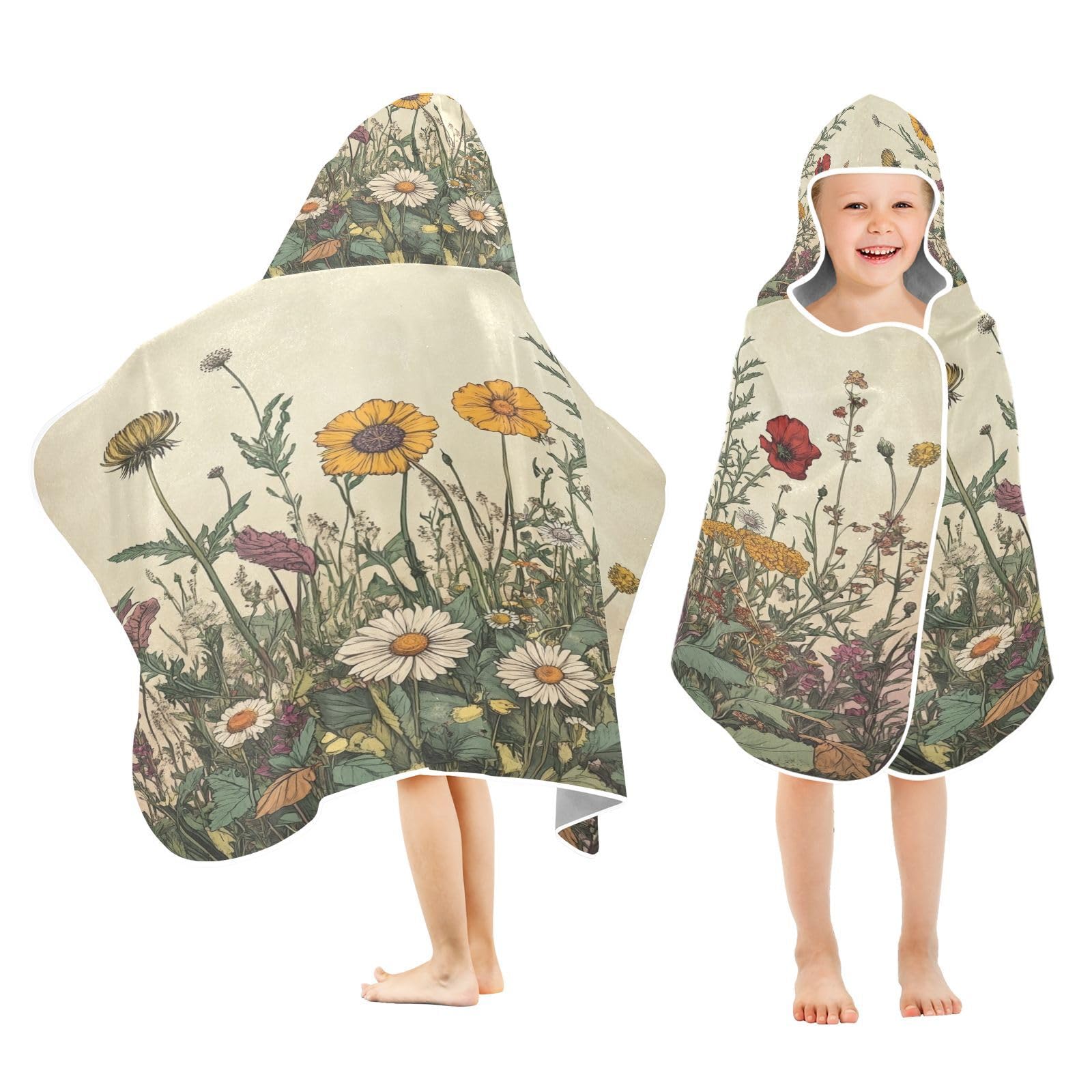 Kigai Wildflowers Hooded Beach Towel for Kids Soft Absorbent Quick Dry Bath Towel with Hood Lightweight Toddler Shower Pool Bath Wrap for Boys Girls