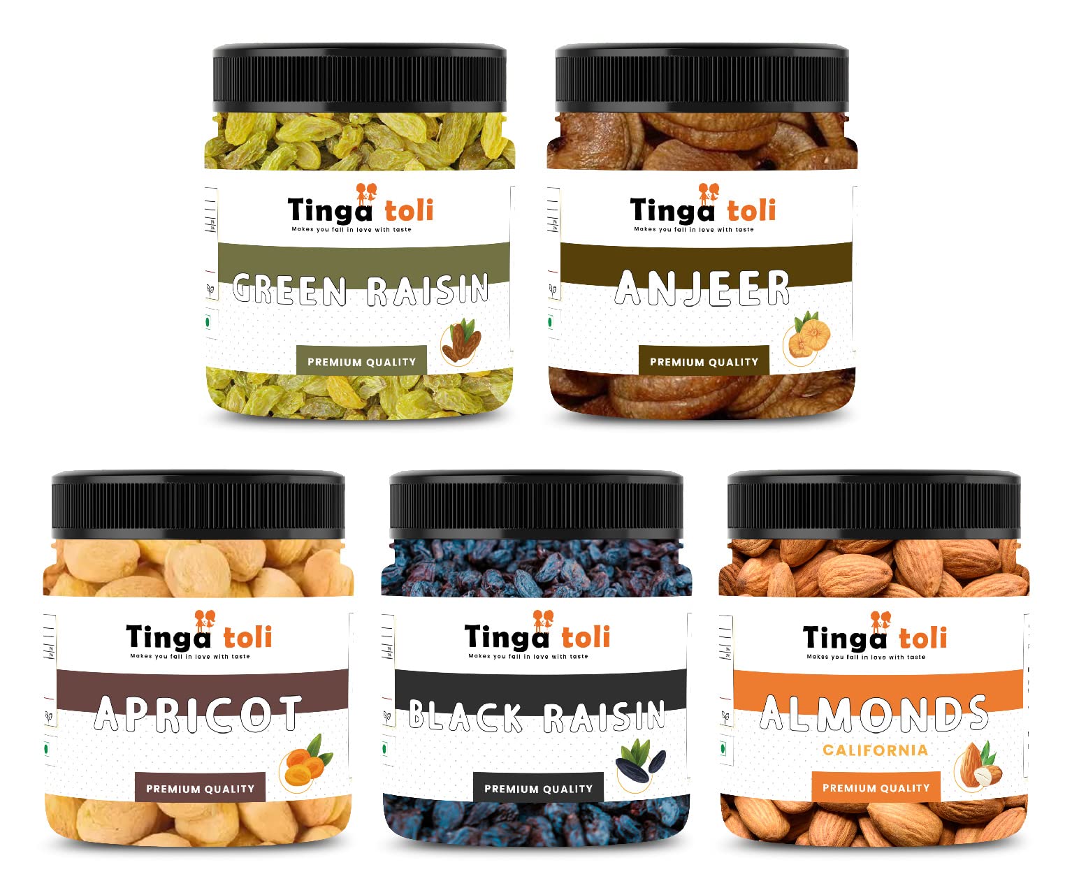 TINGA TOLI Dry Fruits Combo Pack of Almonds, Figs, Apricot, Black Raisins and Green Raisins 250 Grams Each| Total Weight 1.25 Kg| Jar Pack| (B0B9BR7818) Amazon Price History, Amazon Price Tracker