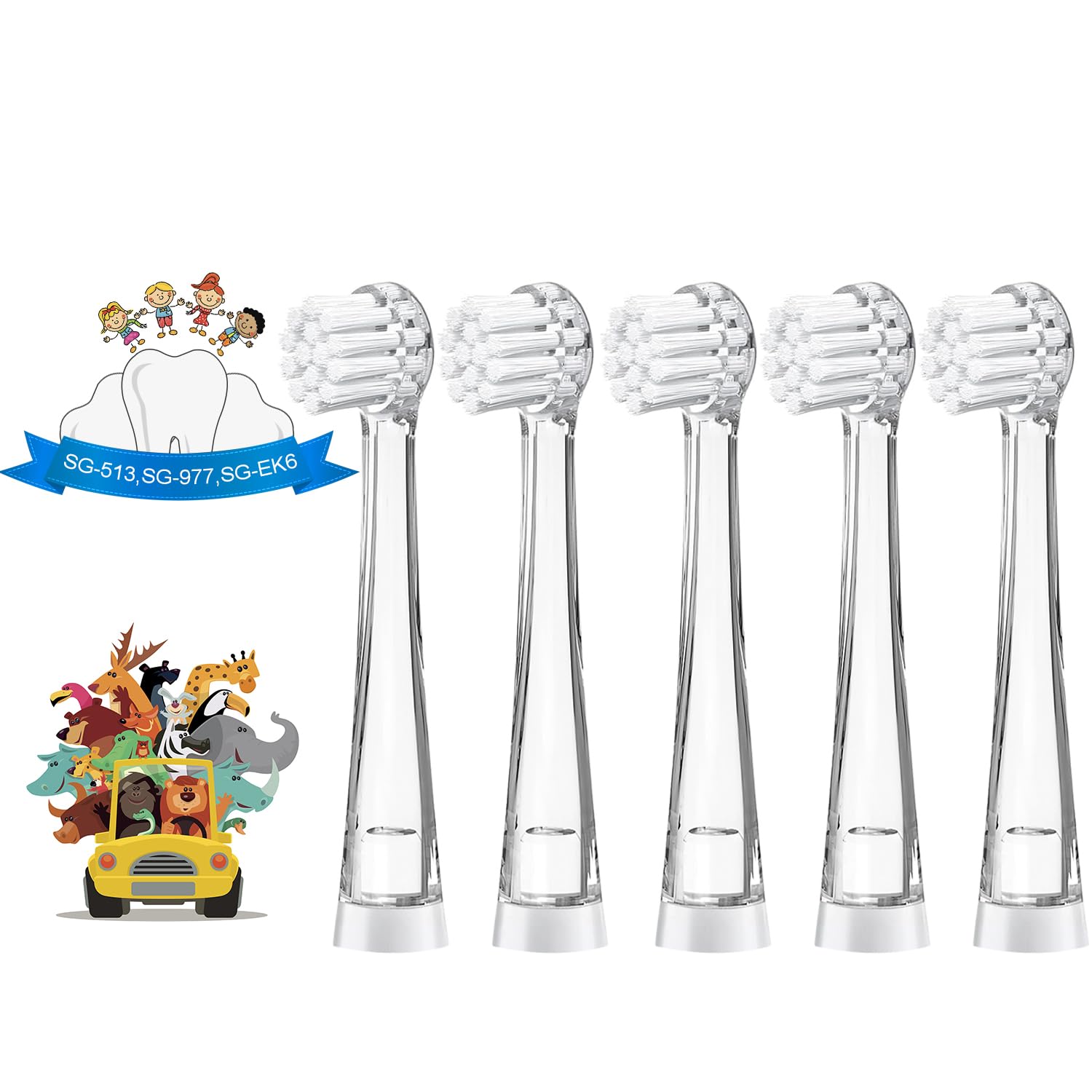 TEETECK 5 Pack Kids Toothbrush Replacement Heads Compatible with SEAGO- 513/977/EK6,Compatible with Brush-Baby WildOnes/KIDZSONIC（Not BabySonic Series）,Compatible with Dada-Tech-BB1/977/K6