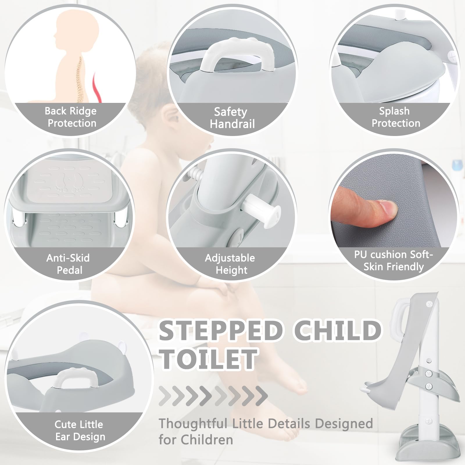 FAMKEEP Réducteur Toilette Enfant avec Escalier,Abattant WC Antidérapant Échelle Réducteur,Pliable et Réglable,Siège de Toilette Enfant avec PU Coussin Moelleux,Adapté Toilettes en Forme de V, U, O