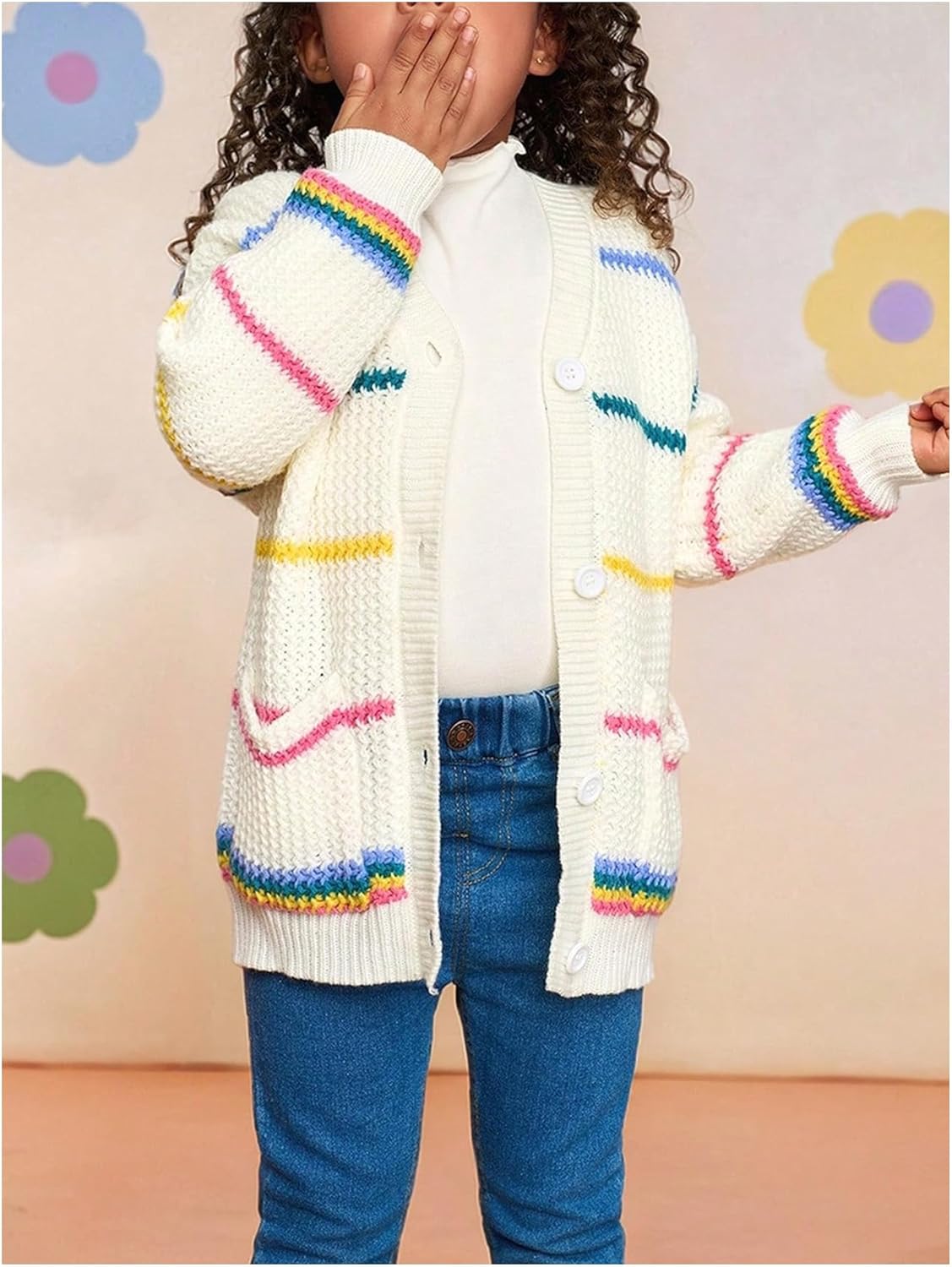 GORGLITTER Girl's Rainbow Striped Button Up Cardigan V Neck Long Sleeve Open Front Cute Knit Fall Sweater Tops - Image 5