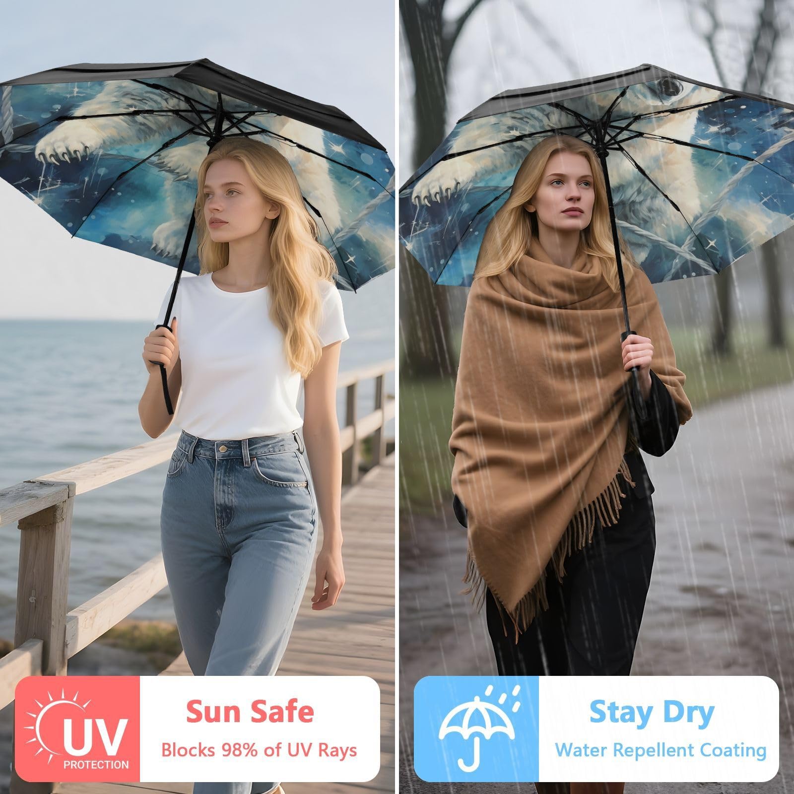 Oso Polar De Nieve Azul Paraguas de Viaje Resistente al Viento Apertura Cierre AutomáTicos,Compacto con ProteccióN Solar UPF 50+ Ideal para JóVenes Chicas