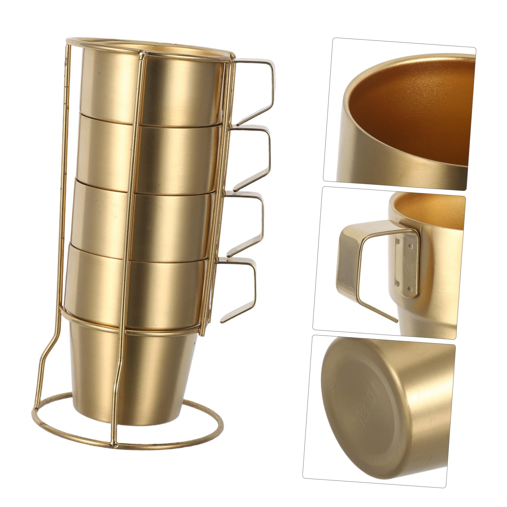 Tazas de Café de Acero Inoxidable Aisladas con Doble Pared y Asa de Tazas Apilables con Soporte Dorado Resistentes y Ergonómicas para Camping y Bebidas Calientes