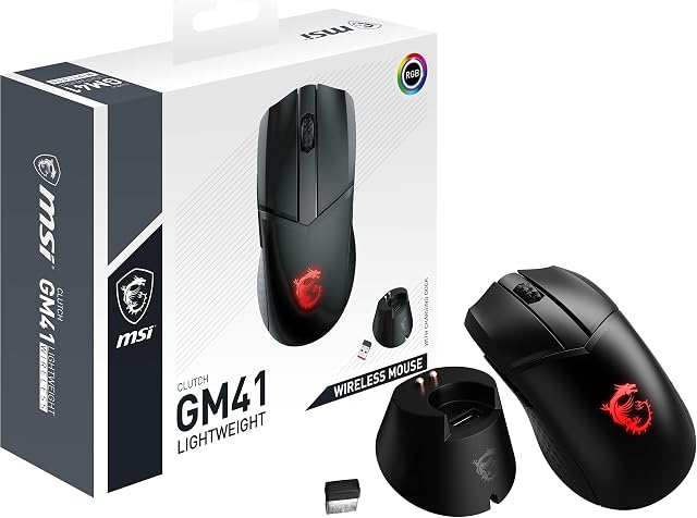 MSI CLUTCH GM41 LIGHTWEIGHT WIRELESS Gaming Mouse - 20000 DPI Optical Sensor, Symmetrical, 60M+ Click OMRON Switches, 6-Buttons, 80-Hour Battery, Charging Dock, 1ms Latency, RGB, 74g - Wired/Wireless