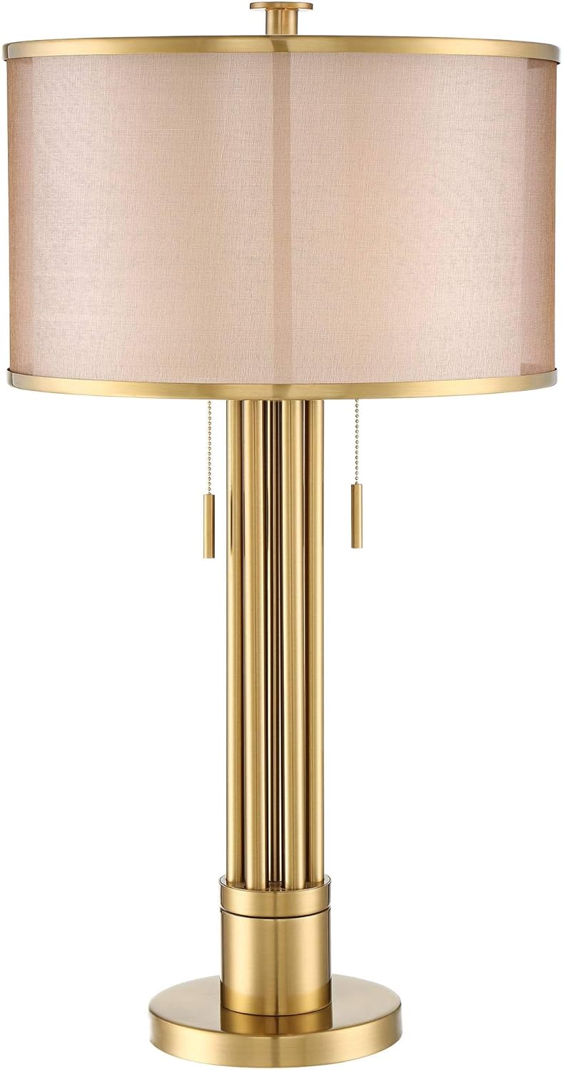 Possini Euro Design Granview Modern Table Lamp 32 1/2" Tall Brass Column Taupe Organza Outer Off White Linen Inner Drum Shade for Bedroom Living Room House Bedside Nightstand Home Office Entryway