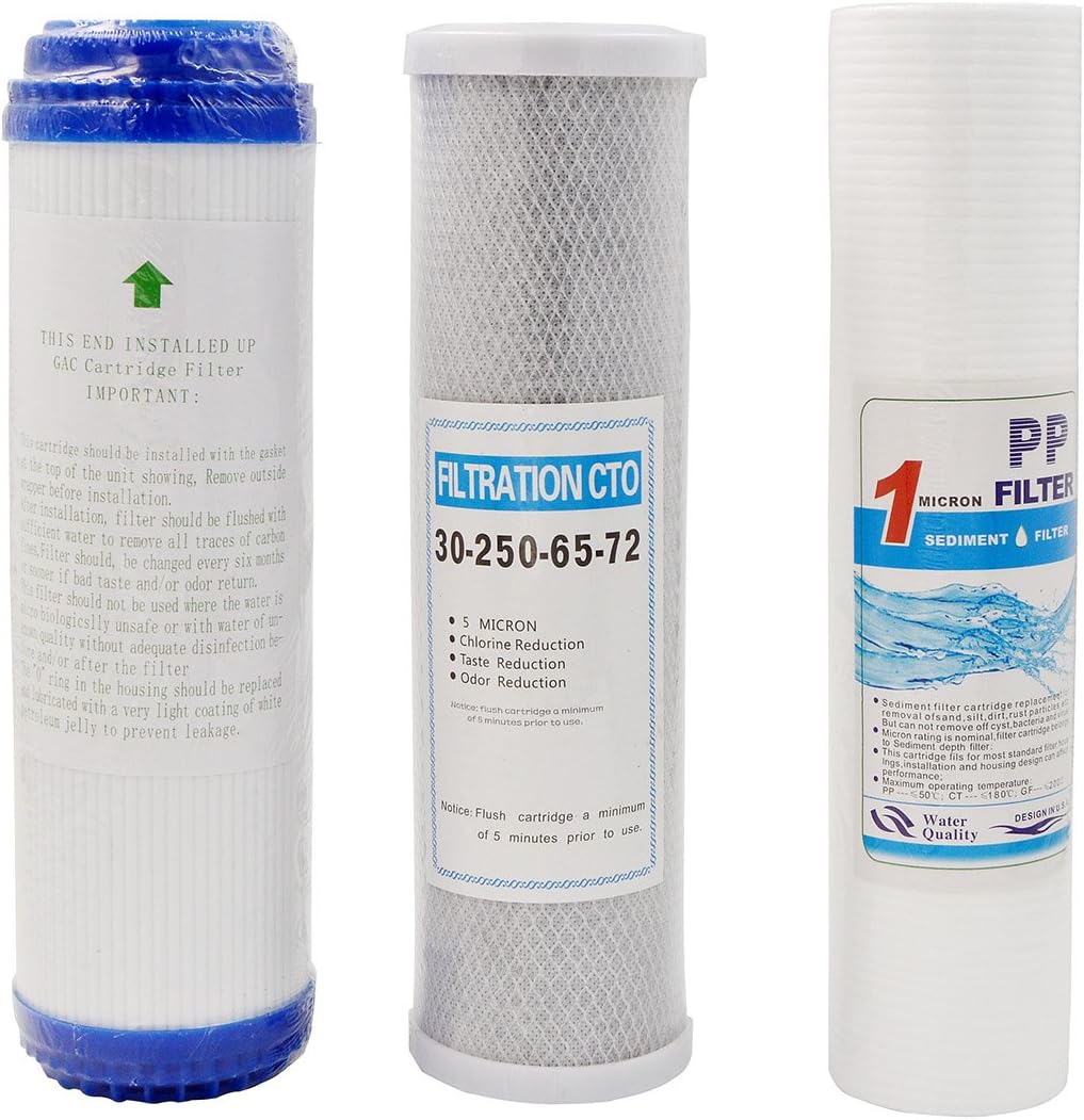 Replacement Set of Sediment + GAC + CTO Water Filters Cartridges Kit for Reverse Osmosis RO System (10")