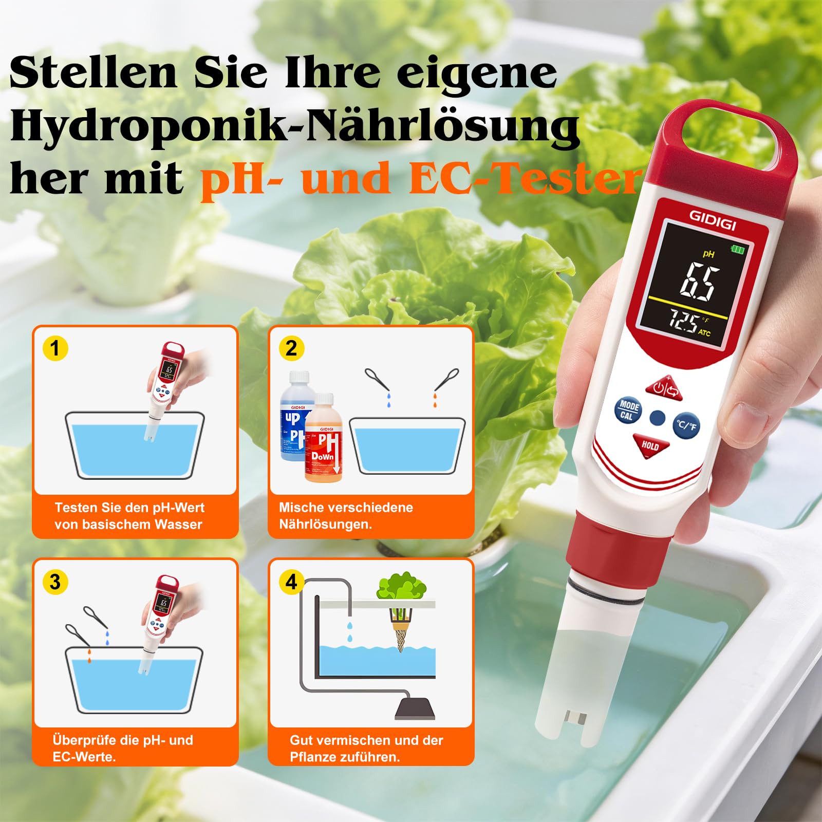 pH EC Messgerät für Hydrokultur, Digitales pH, TDS, EC, ppm Messgerät mit Farbdisplay, Hochpräzise pH Stiftsonde für Trinkwasser, Nährlösungen, Aquarien, Pools und den Hausgebrauch