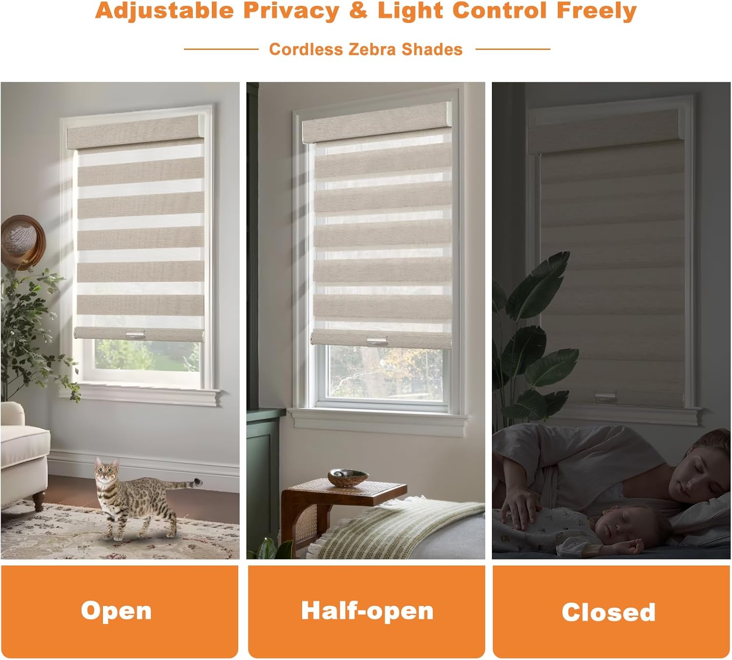 Persilux Linen Cordless Zebra Blinds for Windows, Privacy Light Filtering Dual Layer Blinds for Day and Night, Roller Shades for Bedroom,Living Room,Office (Custom Size,Light Beige)