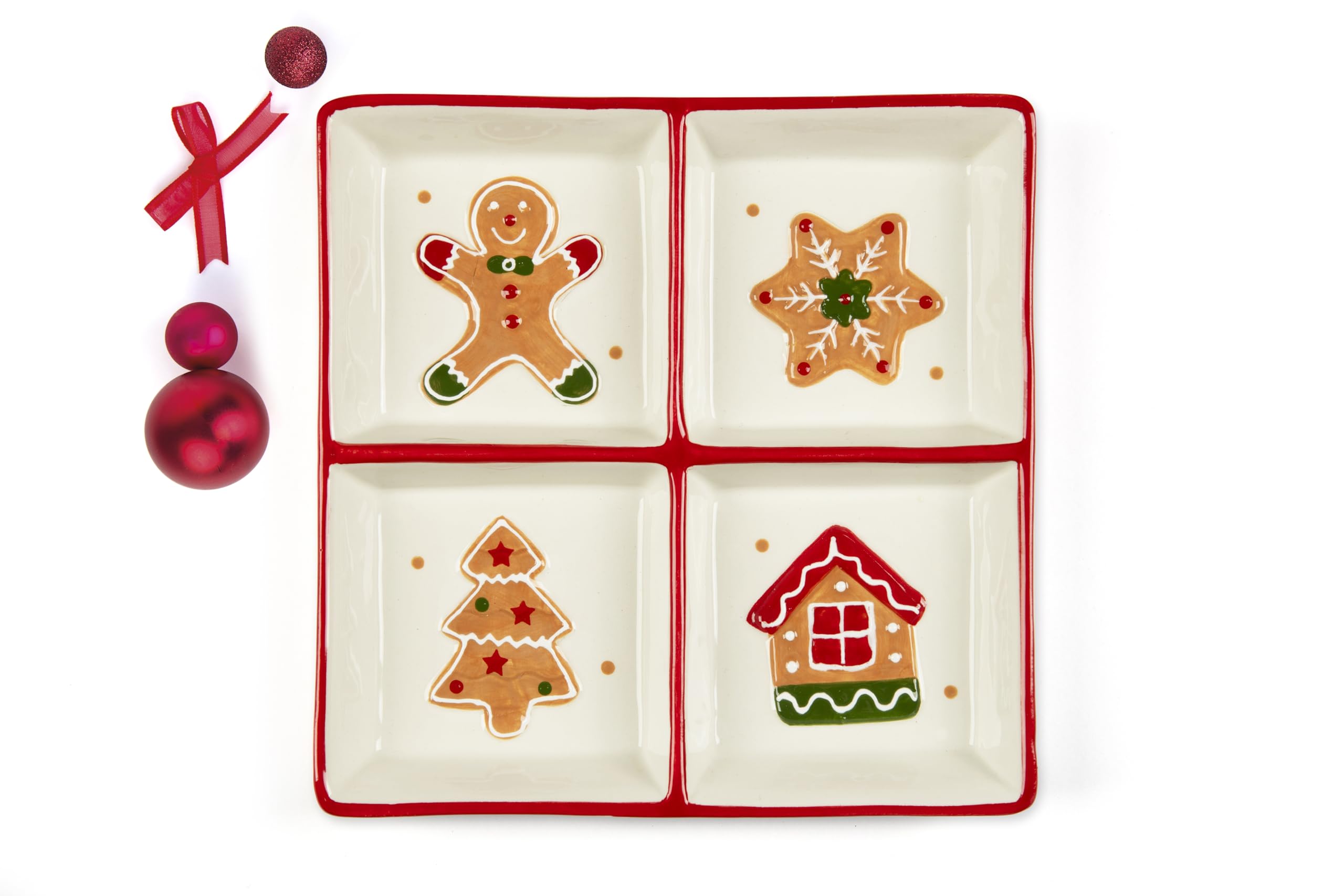 Excelsa Wonderful Ginger Assiette de Noël en céramique 4 compartiments, décoration pain d'épice 20 x 20 cm