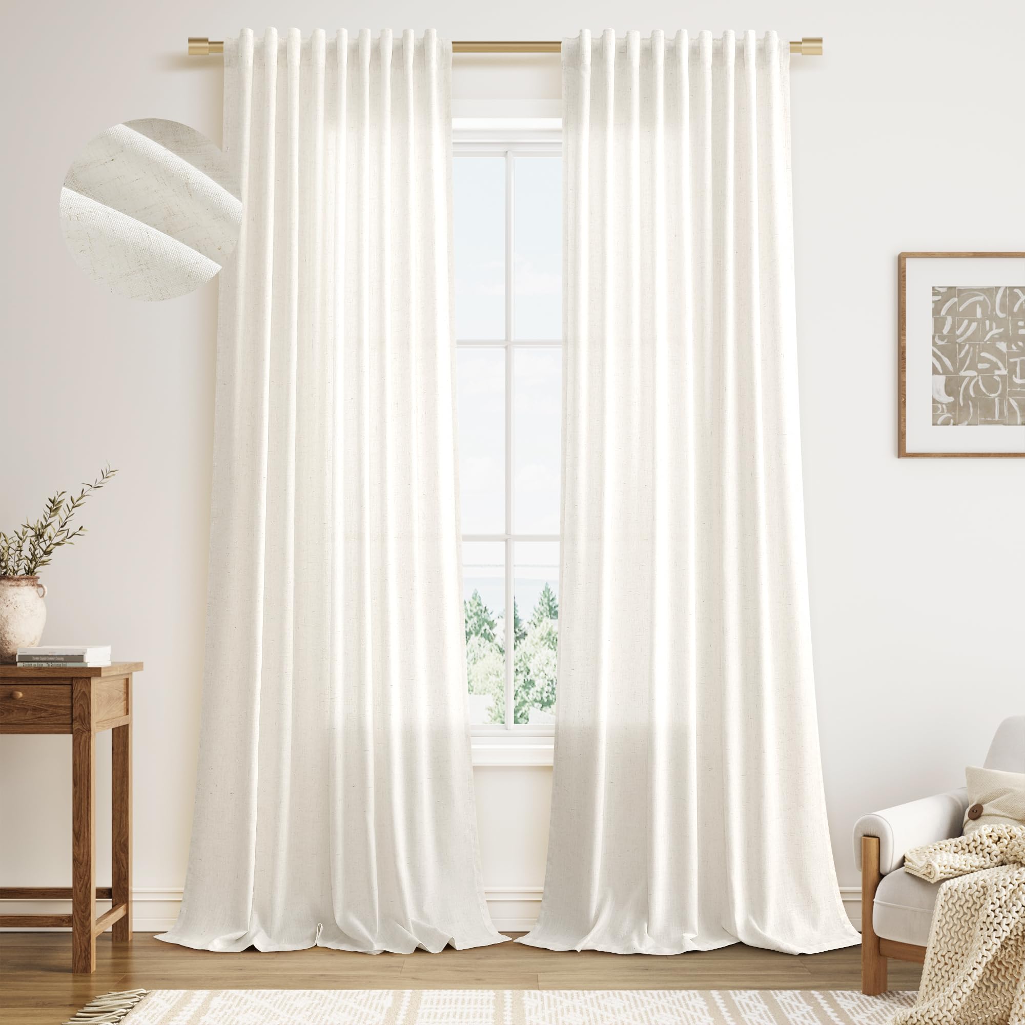 nanspring beige white linen curtains 96 inches long for living room 2 panels back tab hook belt elegant modern farmhouse soft linen drapes privacy sheer curtain for bedroom dining room 52x96