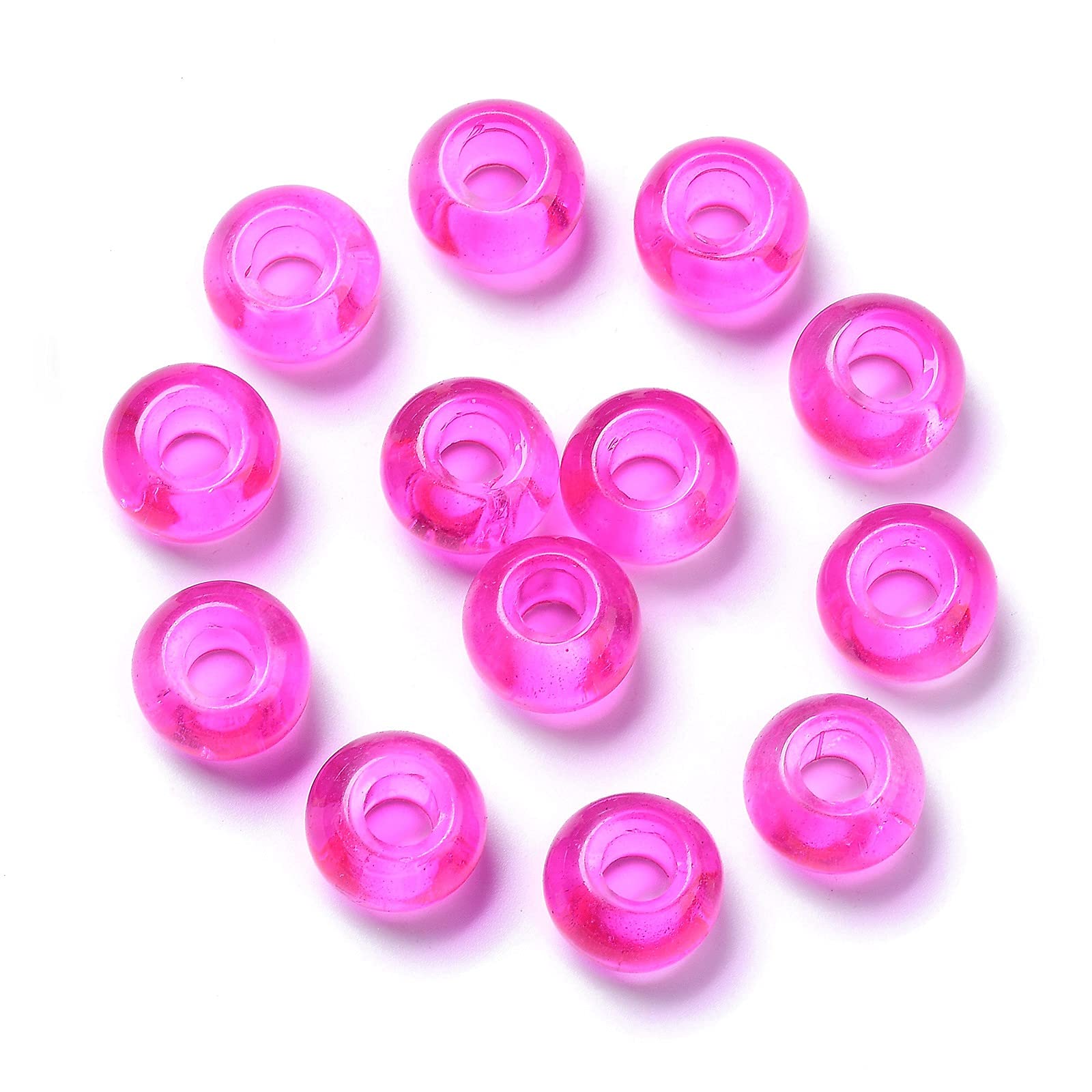 Stiesy 100pcs Magenta Glass Rondelle European Beads 15mm Transparent Round Drum Large Hole Spacer Beads for Bracelet Necklace Bangle Jewelry Making DIY Crafts