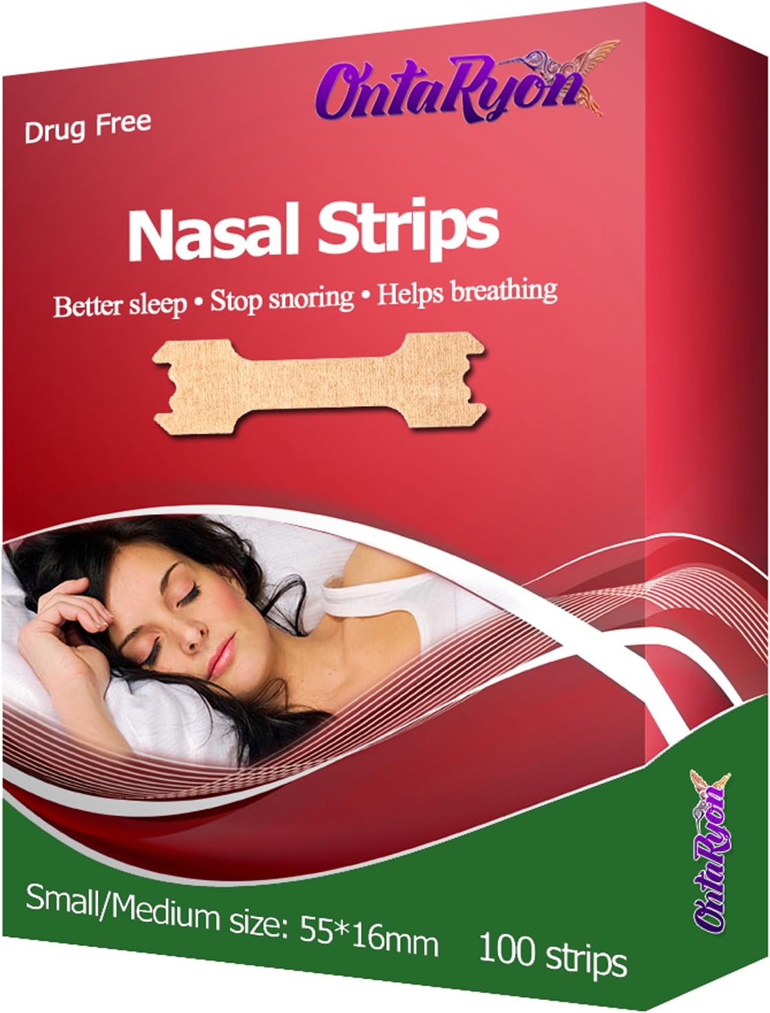 OntaRyon Nasal Strips - Medium Size 55mm x 16mm - Snoring Congestion Relief - 100 Strips
