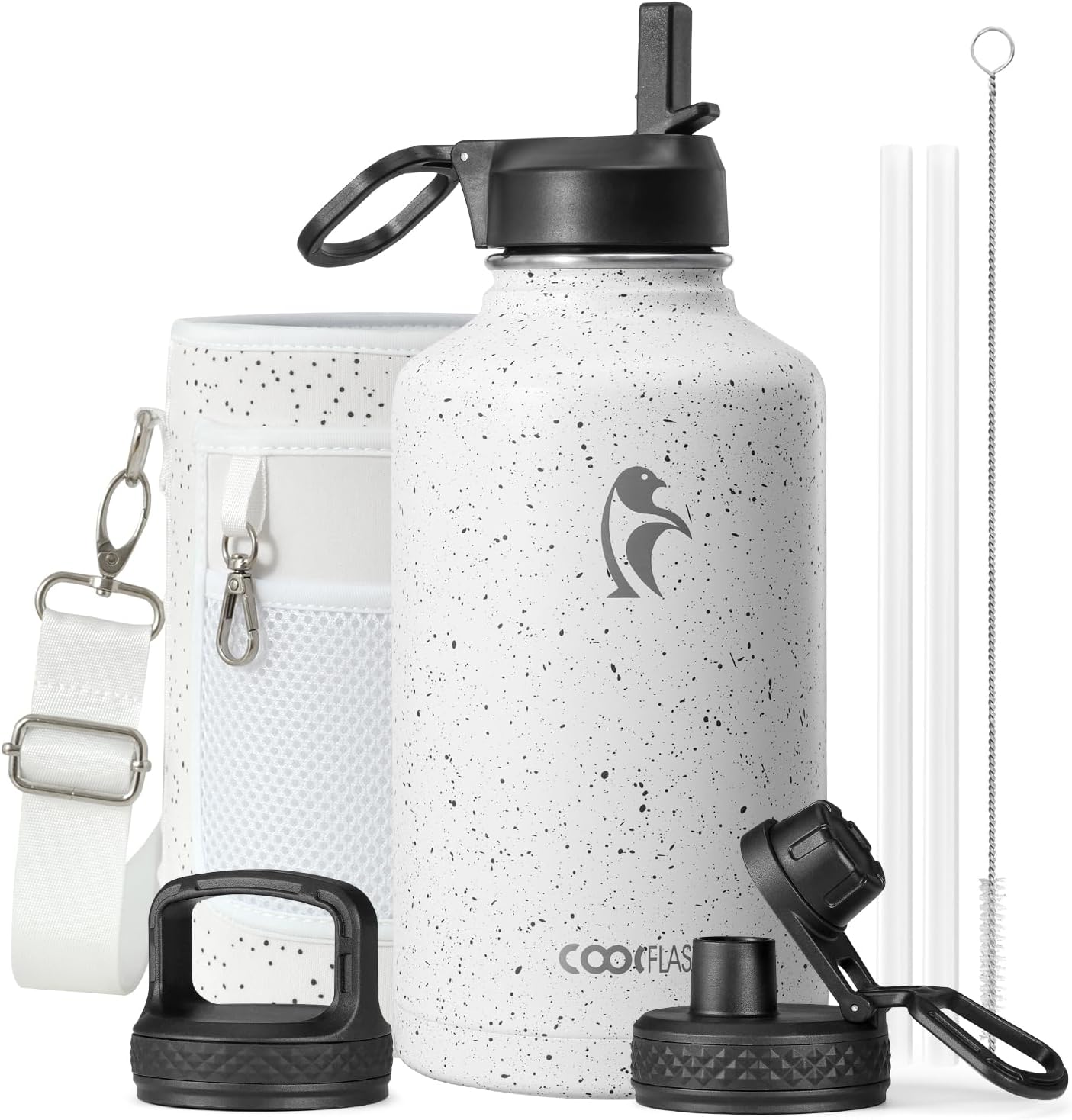 - Half Gallon Water Bottle Insulated with Straw&3 Lids, Coolflask 64 oz Water Jug Galaxy Large Metal Stainless Steel flask for Gym, Sports and Office, Keep Cold 48H Hot 24H, Arctic White