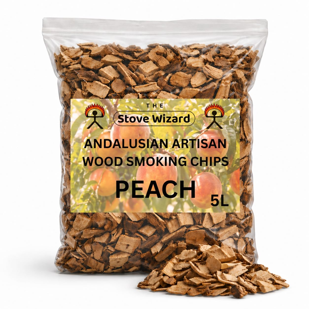 The Stove Wizard Peach Wood BBQ Smoker Smoking Chips 5 Litre Andalusian Artisan Premium Quality Natural Eco Friendly Wood Chips for Gas & Charcoal Grill Outdoor Cooking for Authentic BBQ Flavour