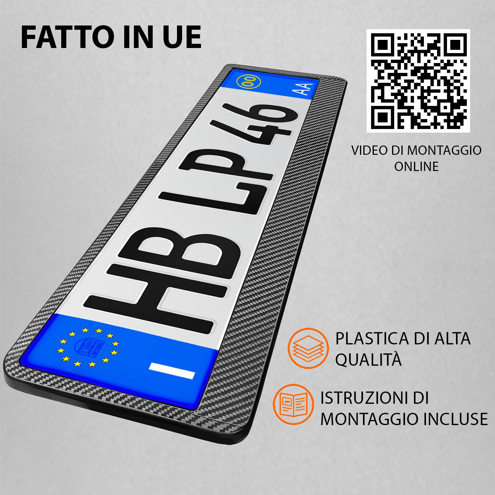 Portatarga Auto - Supporto Targa - [semplice, durevole e sicuro] - 8 viti - 520x110 mm - Carbonio effetto - Porta Targa - adatto a qualsiasi auto - per targhe italiane omologate - Fissaggio per Targa