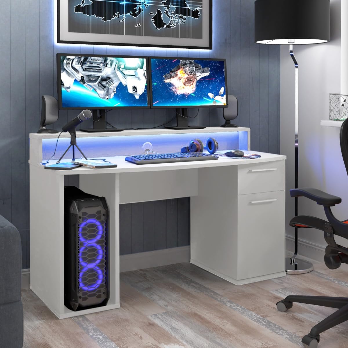 Flair Power Z Compact Gaming Desk With Colour Changing LED Lights - White
