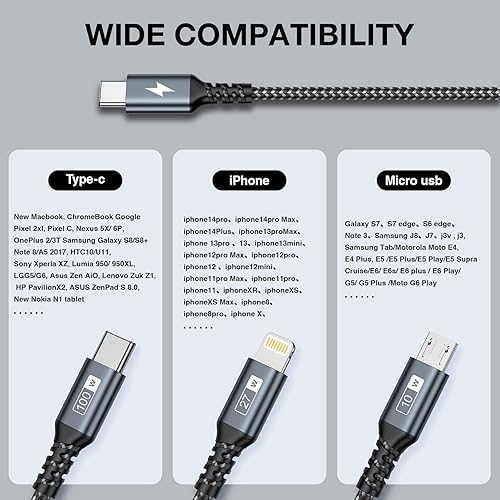 Miniatura 10 de Cable de carga múltiple USB C de 100 W 0.5 M Cable de carga 3 en 1 con chip E-Mark, USB C 100W + Lightning27W + Micro 10W para Samsung S23, iPad