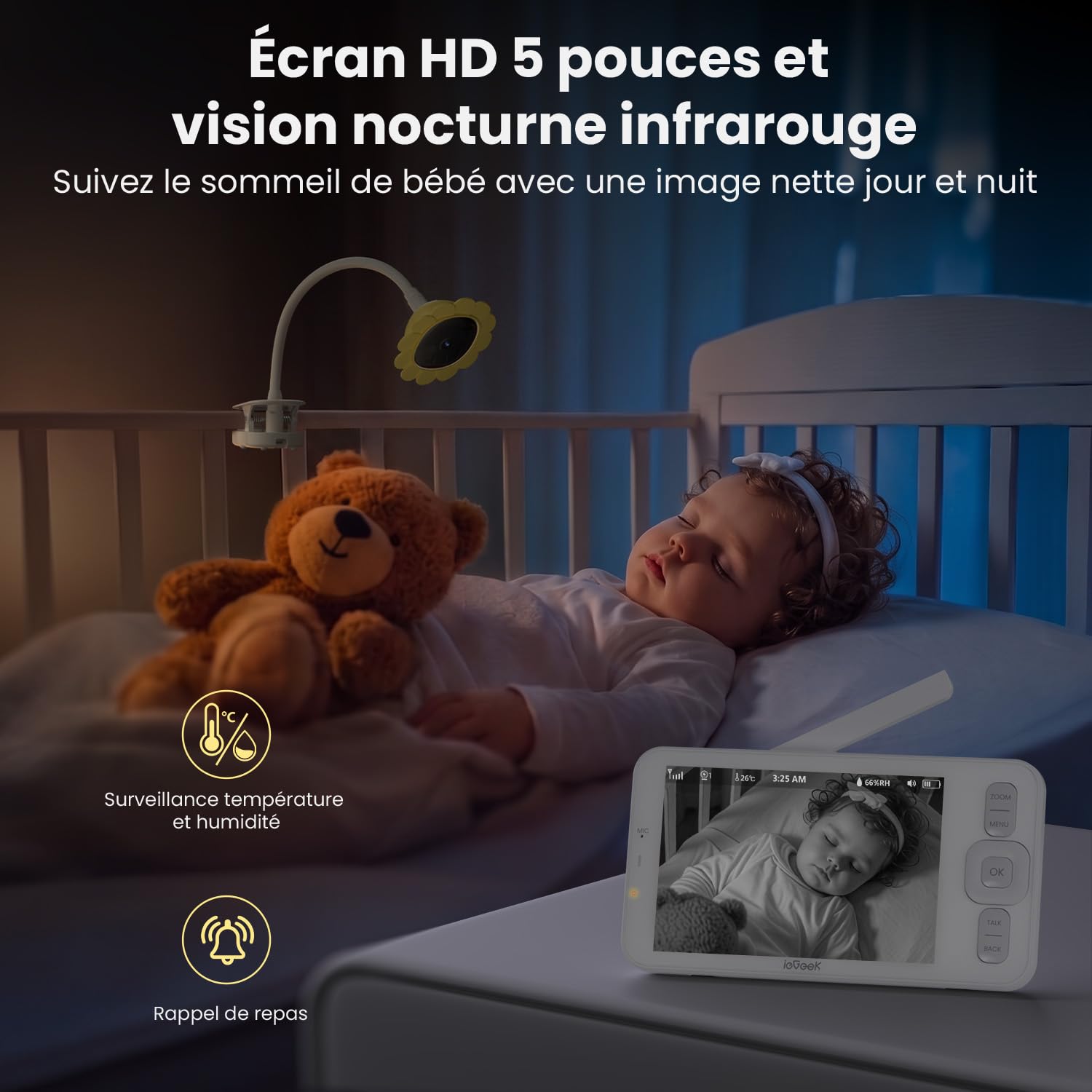 ieGeek 1080P/ 5" Babyphone Caméra avec Support, Camera Bebe Surveillance connecté Smartphone, Alertes Intelligentes/Vision Nocturne/Capteur Température et Humidité