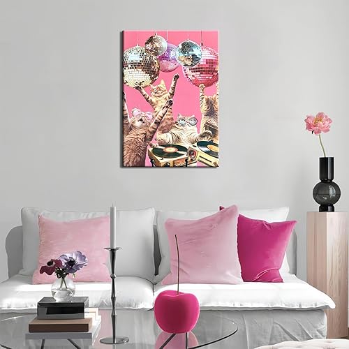 Miniatura 7 de Lienzo de fiesta de gatos con diseño de discoteca funk, arte de pared, carrito de bar, cuadro retro de los años 70, decoración estética de