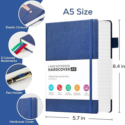 Miniatura 2 de Cuaderno grueso, cuadernos A5 de cuero, con rayas universitarias, 320 páginas, cuadernos de papel rayados, cuaderno de tapa dura para escribir
