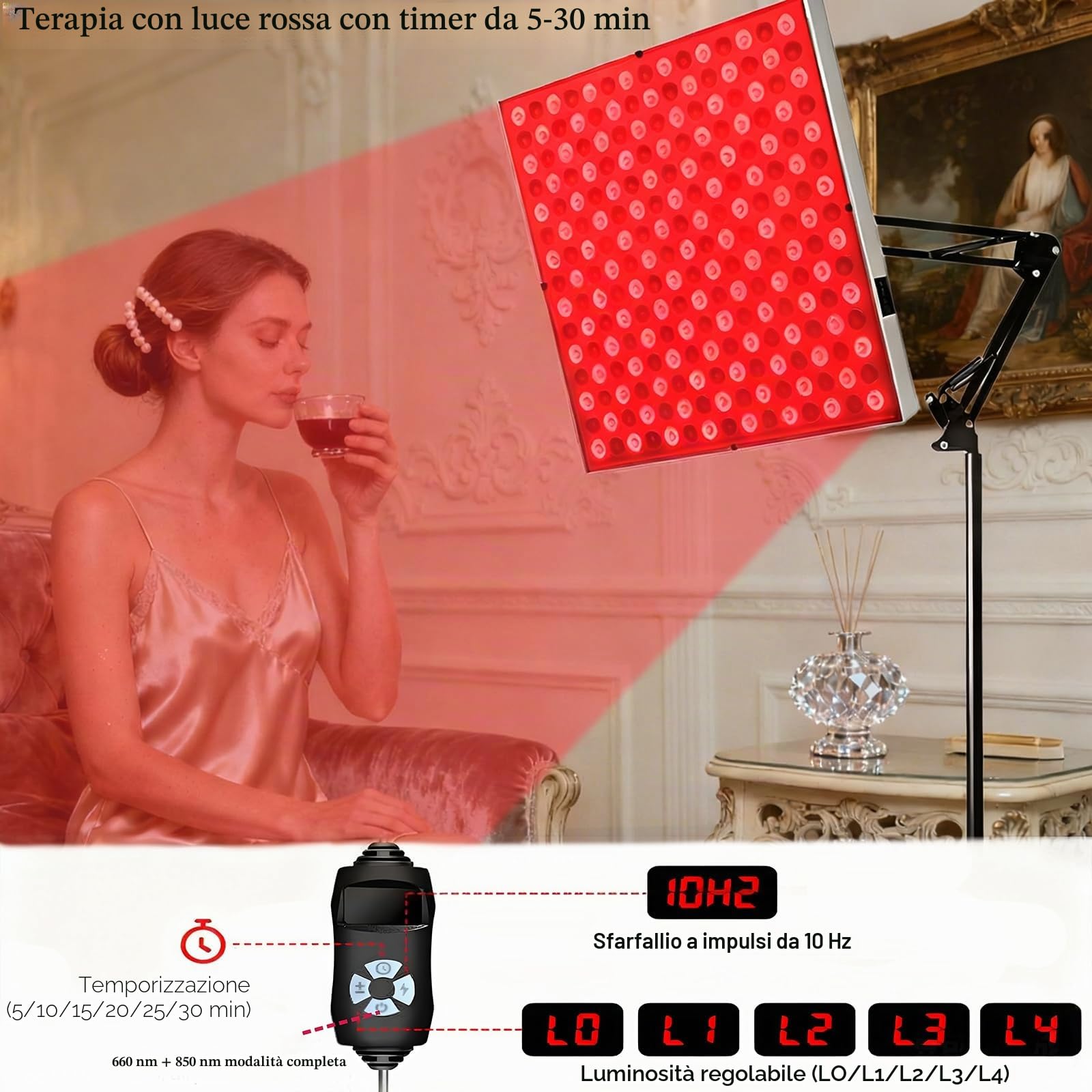 Lampada a luce rossa per la copertura di tutto il corpo, pannello a infrarossi, 225 LED 660nm e 850nm, 31x31 cm, 5 livelli di luminosità e 6 timer, con modalità pulsata a 10Hz (Bianco)