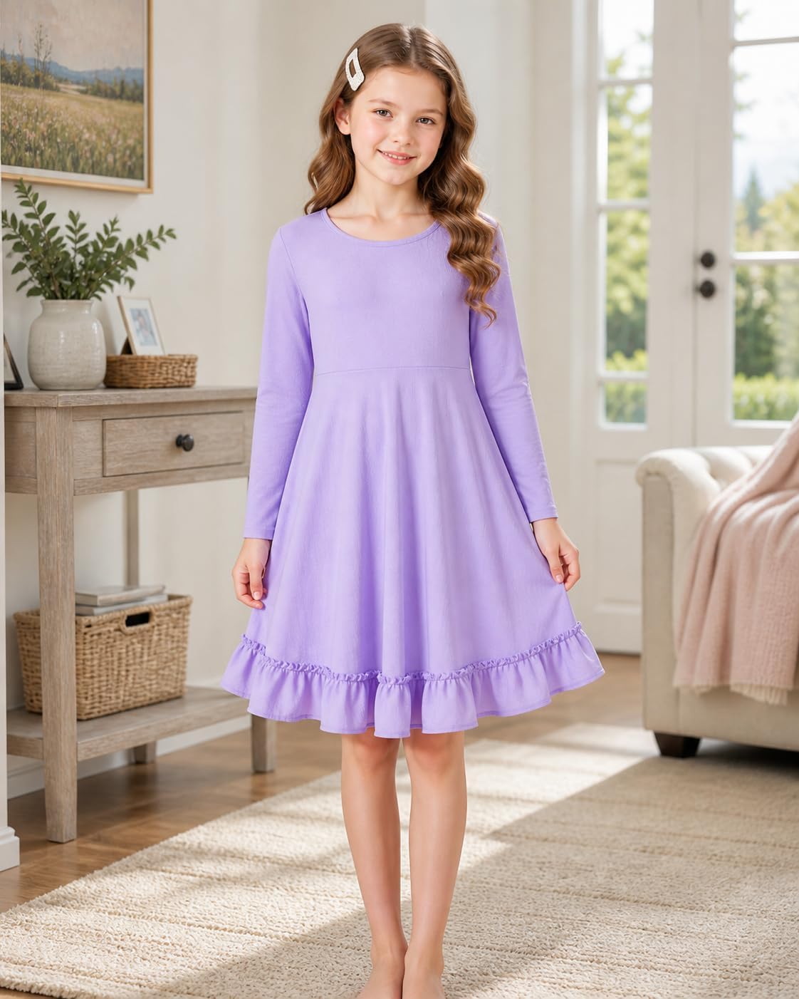JiAmy Girls' Long Sleeve A-Line Twirl Dress with Hidden Pockets 4-12Y