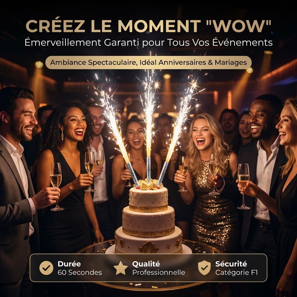 LPF LE PETIT FOURNISSEUR – Lot 200 Fontaines Scintillantes 60 Secondes Réelles – Flamme Dorée 30cm – Sans Odeur – Catégorie F1 Normes Européennes – Pour Gâteau, Bouteille, Soirées & Événements Festifs