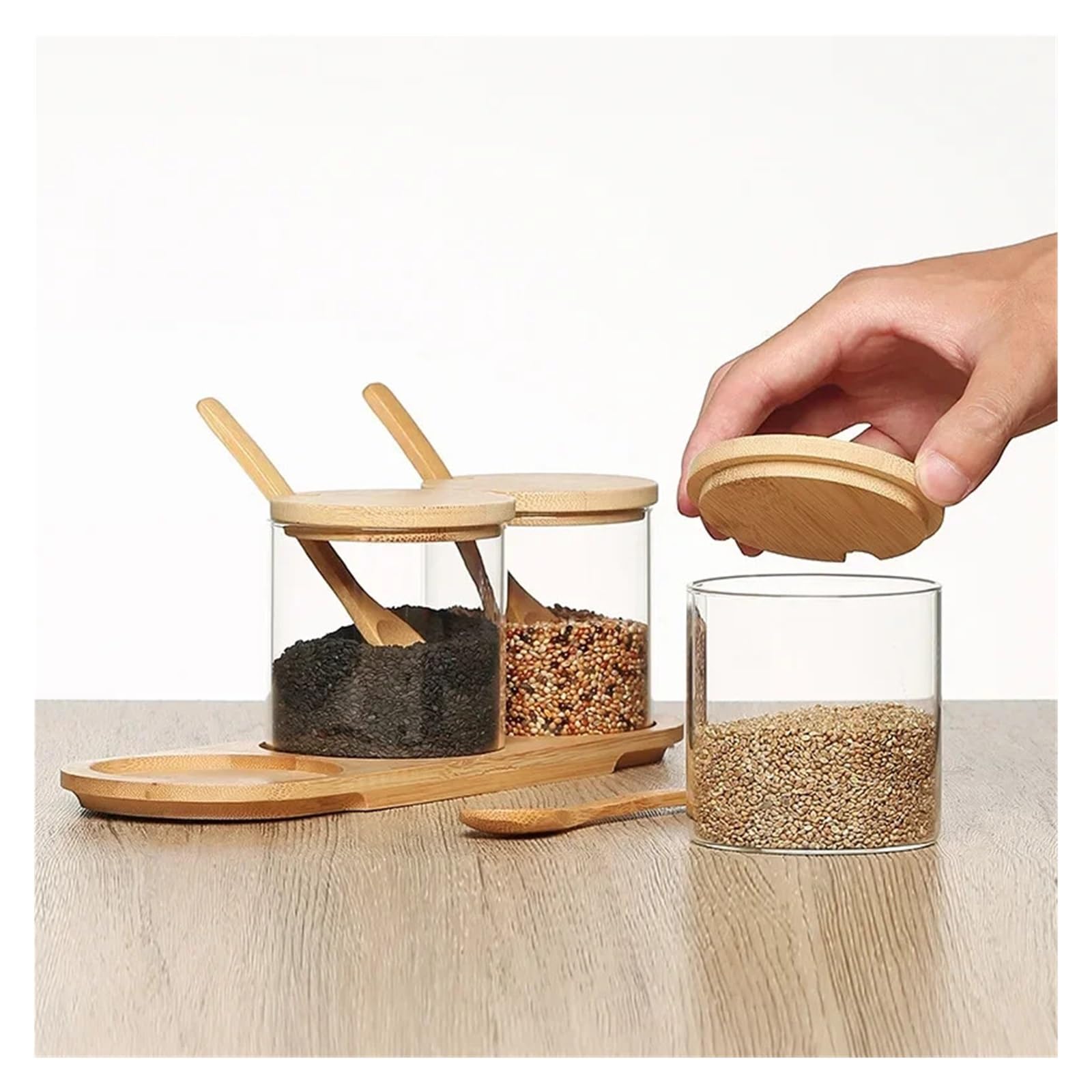 WZPTLKIBAD Glass Condiment Jars with Bamboo Lids, Trays and Spoons