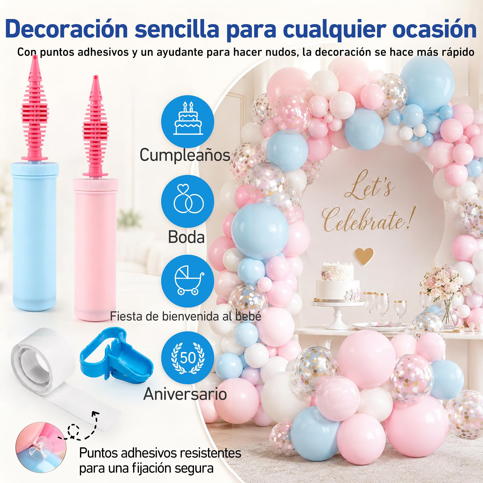 Inflador Globos Manual con 2 Anudadores y 200 Puntos de Pegamento para Bodas y Fiestas