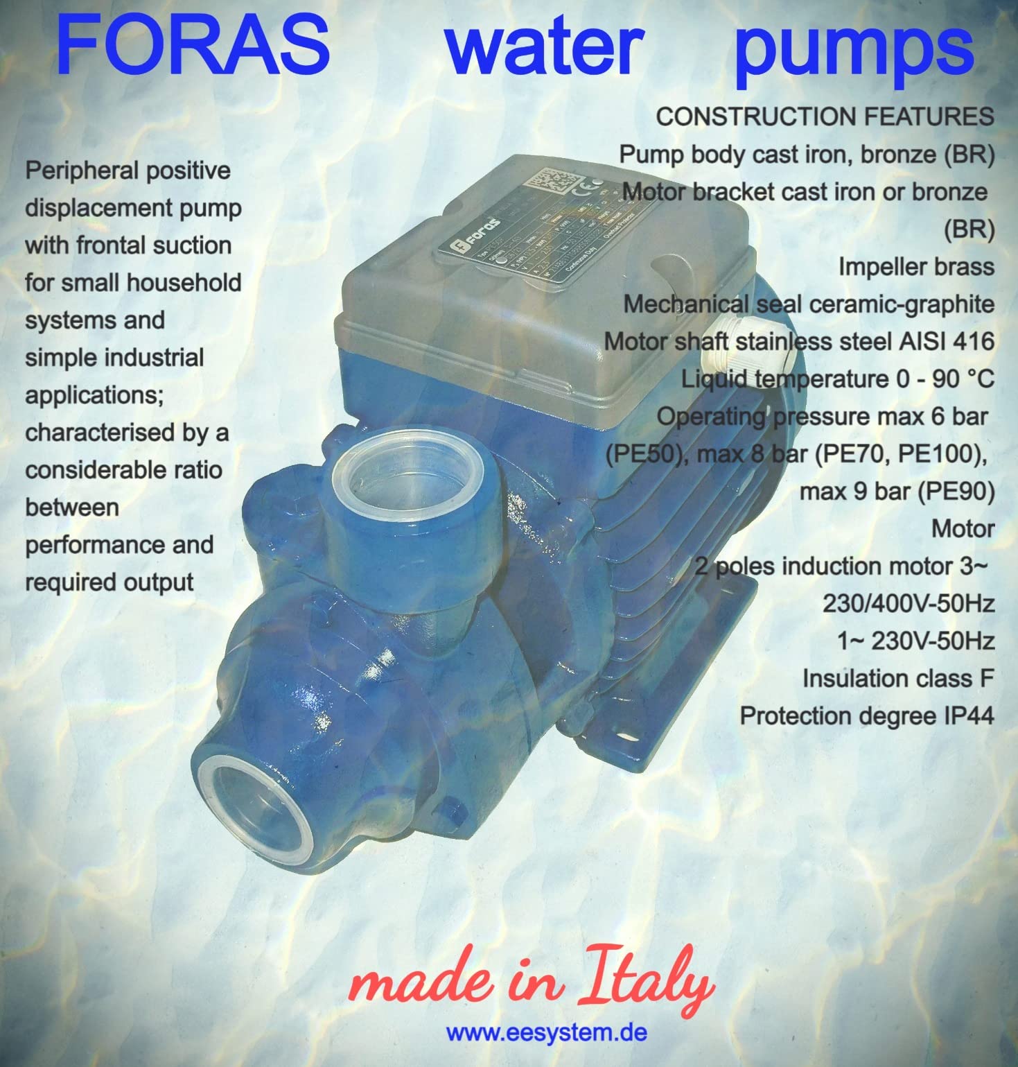 FORAS Bomba periférica eléctrica PE100, fabricada en Italia, 230 V, 0,74 kW, 65 m, 60 L/min