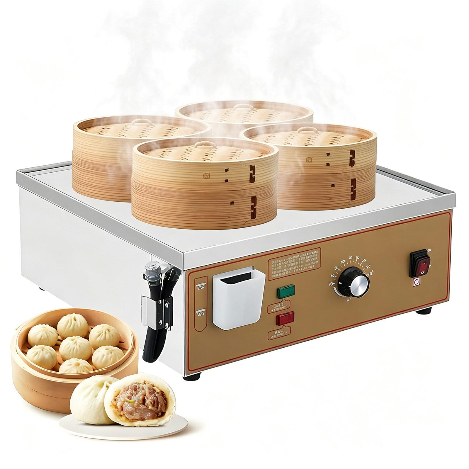 Vaporiera Elettrica Commerciale per Dim Sum, Macchina a Vapore a 4 Fori per Buns, Allarme di Mancanza d’Acqua/Anti-Bollitura a Secco, Temperatura 30-110 °C, Corpo in Acciaio Inossidabile