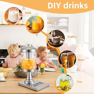 2.11Gallon Commercial Beverage Dispenser with Centre Ice Core and Stand Drip Trays Stainless Steel Cold Drink Dispenser for Parties Pub Cafeteria Restaurant Home Hotel (Silver, Double head)