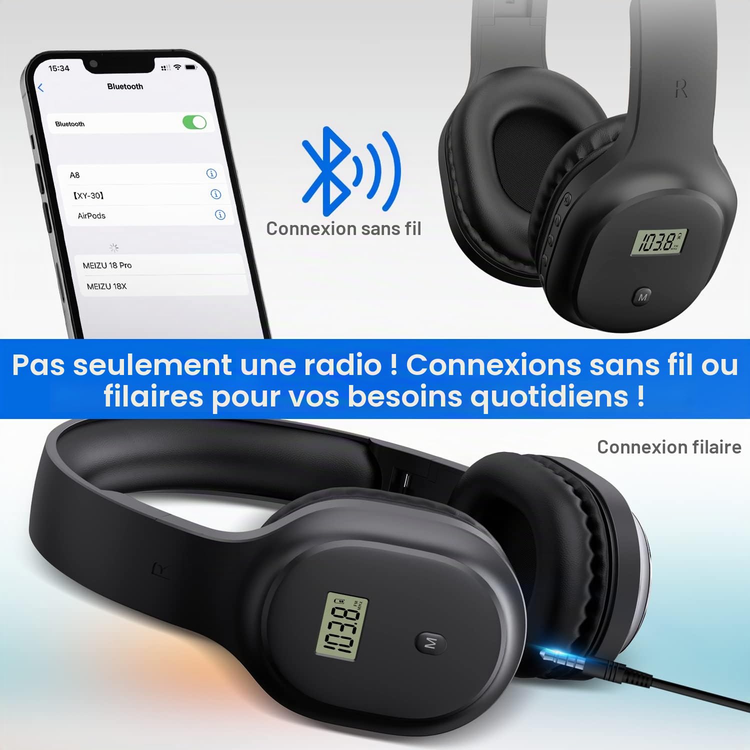 Casque sans fil avec radio FM et Bluetooth 5.0, casque portable rechargeable avec microphone intégré, cache-oreilles léger et confortable pour jogging, tonte, cyclisme, etc