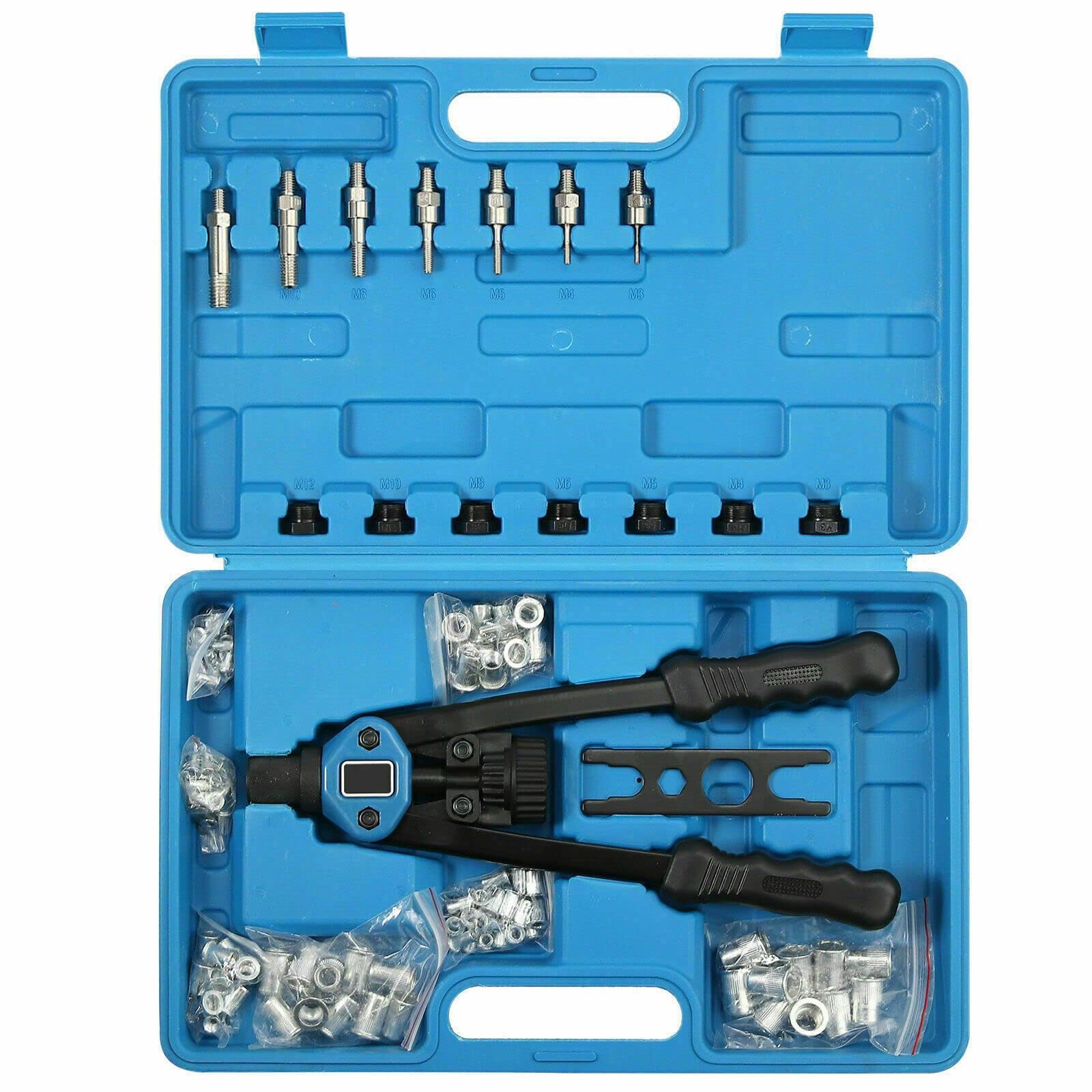 TERRIFI Rivet Nut Gun Tool Kit, 34 cm Hand Riveter with 110pcs Nuts (M3-M12), Includes M3, M4, M5, M6, M8, M10, M12, Pop Rivet Nut Tool Set with Carrying Case