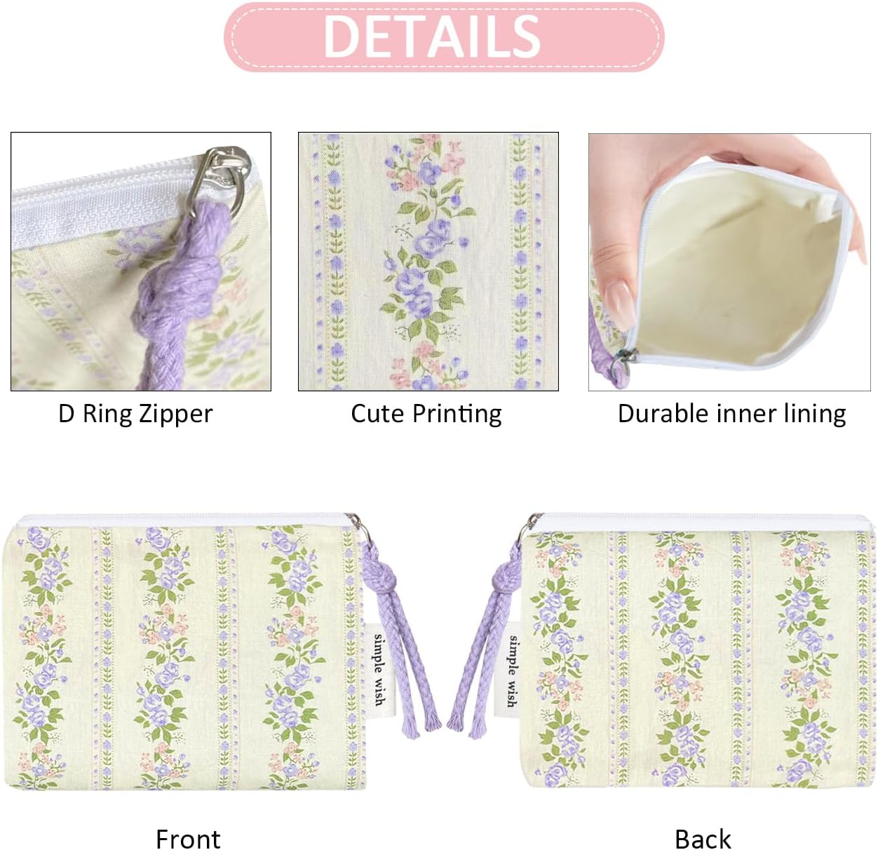 Cotton Floral Small Organizer Bag Coin Pouch with Cute Prints Zipper for Women Girls (PURPLE STRIPES) - Image 4