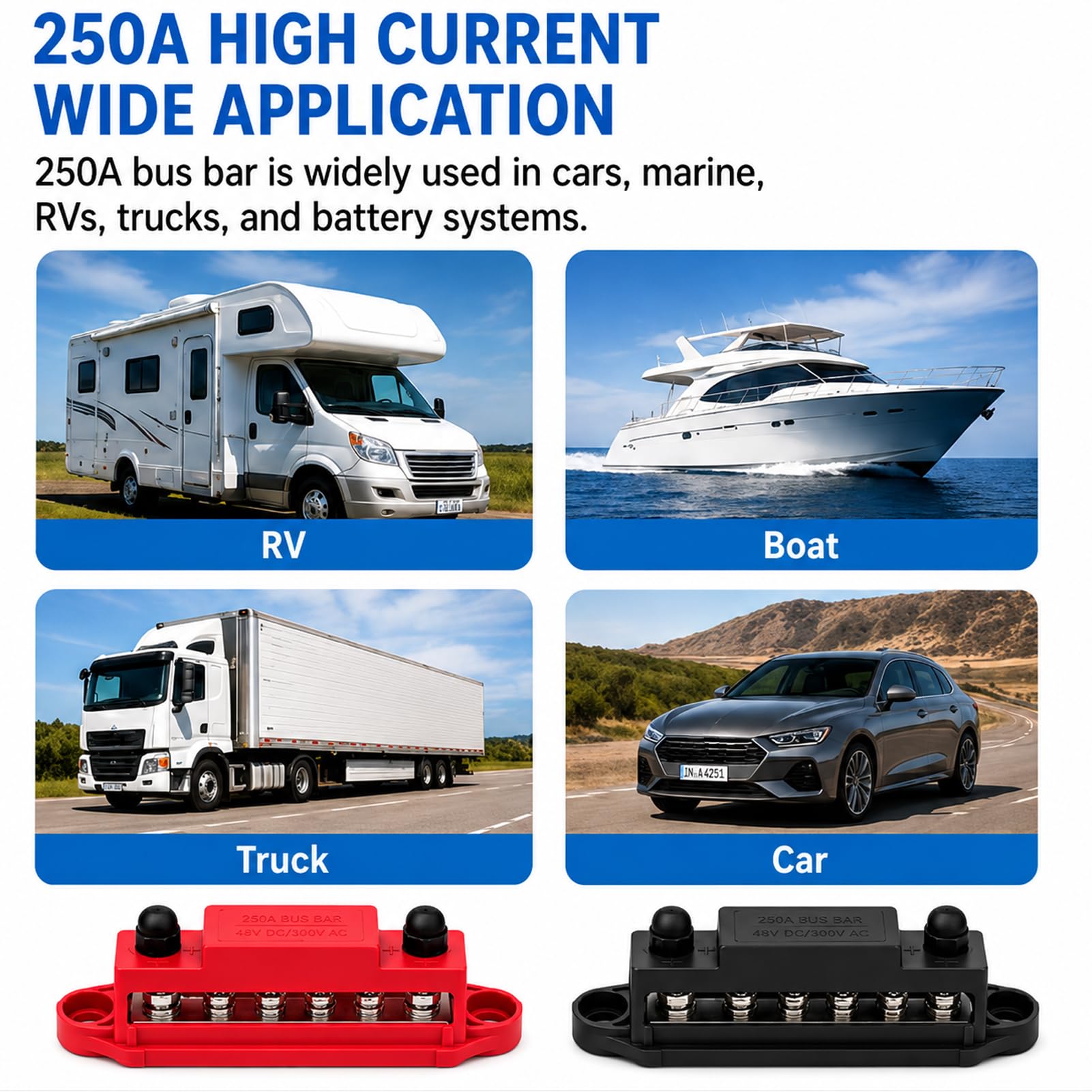 Busbar 12V, Bornier 12V, 2 pièces Bus Bar 250A, Bloc Distribution Camion, Bornier 4 Bornes M8, Bloc de Jonction de Batterie Robuste avec Couverclepour Voiture, Camion, Bateau, Solaire