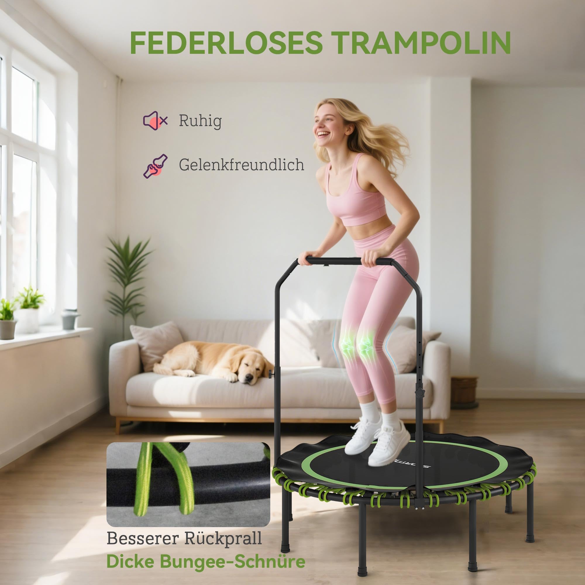 SPORTNOW Trampolina fitness, Ø 114/122 cm, składana, mini trampolina z 5 regulowanymi stopniami uchwytu, cicha gumowa linka, trampolina dla dorosłych, do użytku wewnątrz i na zewnątrz