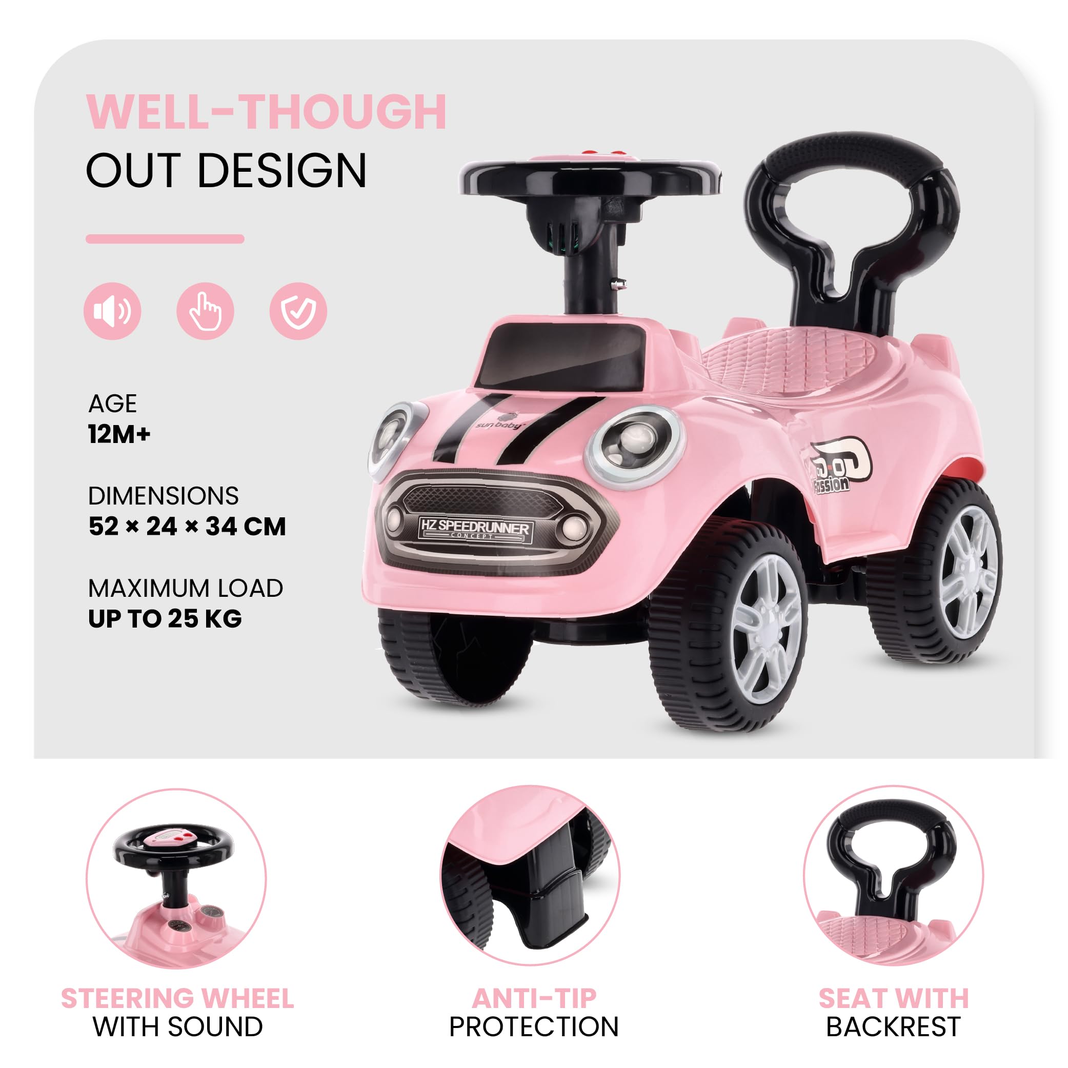 sun baby Macchinina Cavalcabile per Bambini Go Go Fassion, Macchina a spinta da 12 mesi, effetti sonori, sedile e ruote in plastica, protezione antiribaltamento (Rosa)